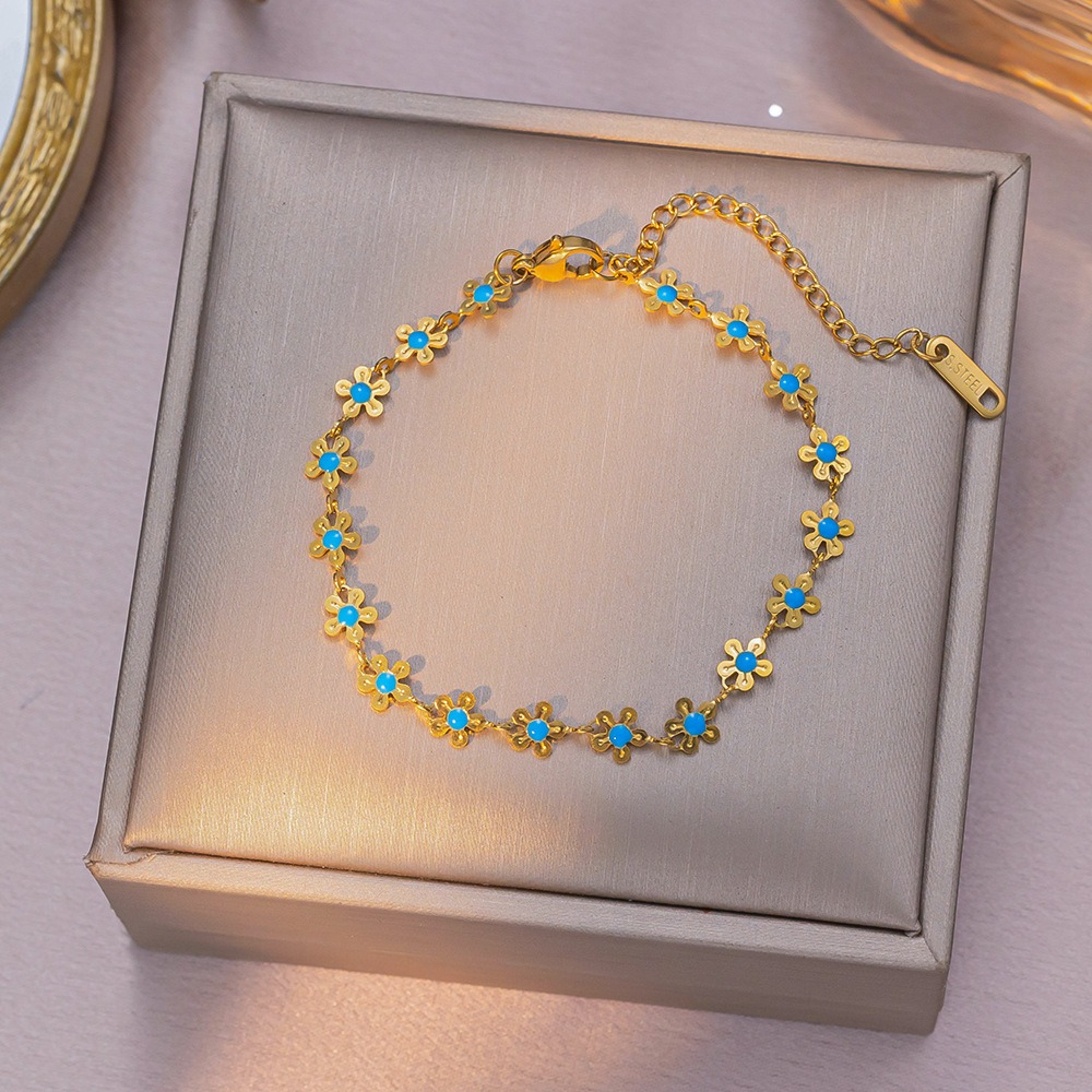Blue Blossom Stainless Steel Jewelry Set Floral Necklace  Bracelet Gift For Women 1