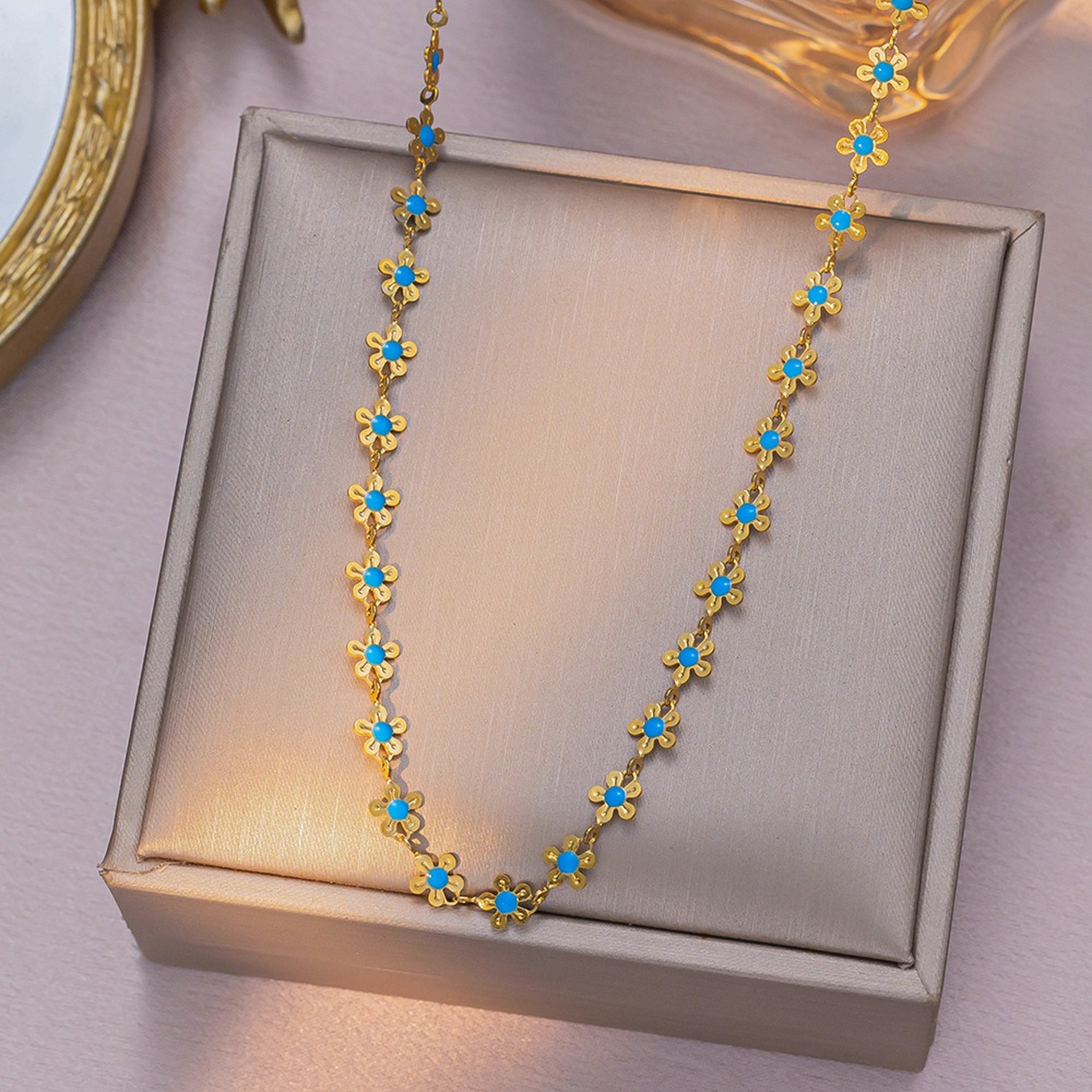 Blue Blossom Stainless Steel Jewelry Set Floral Necklace  Bracelet Gift For Women 4