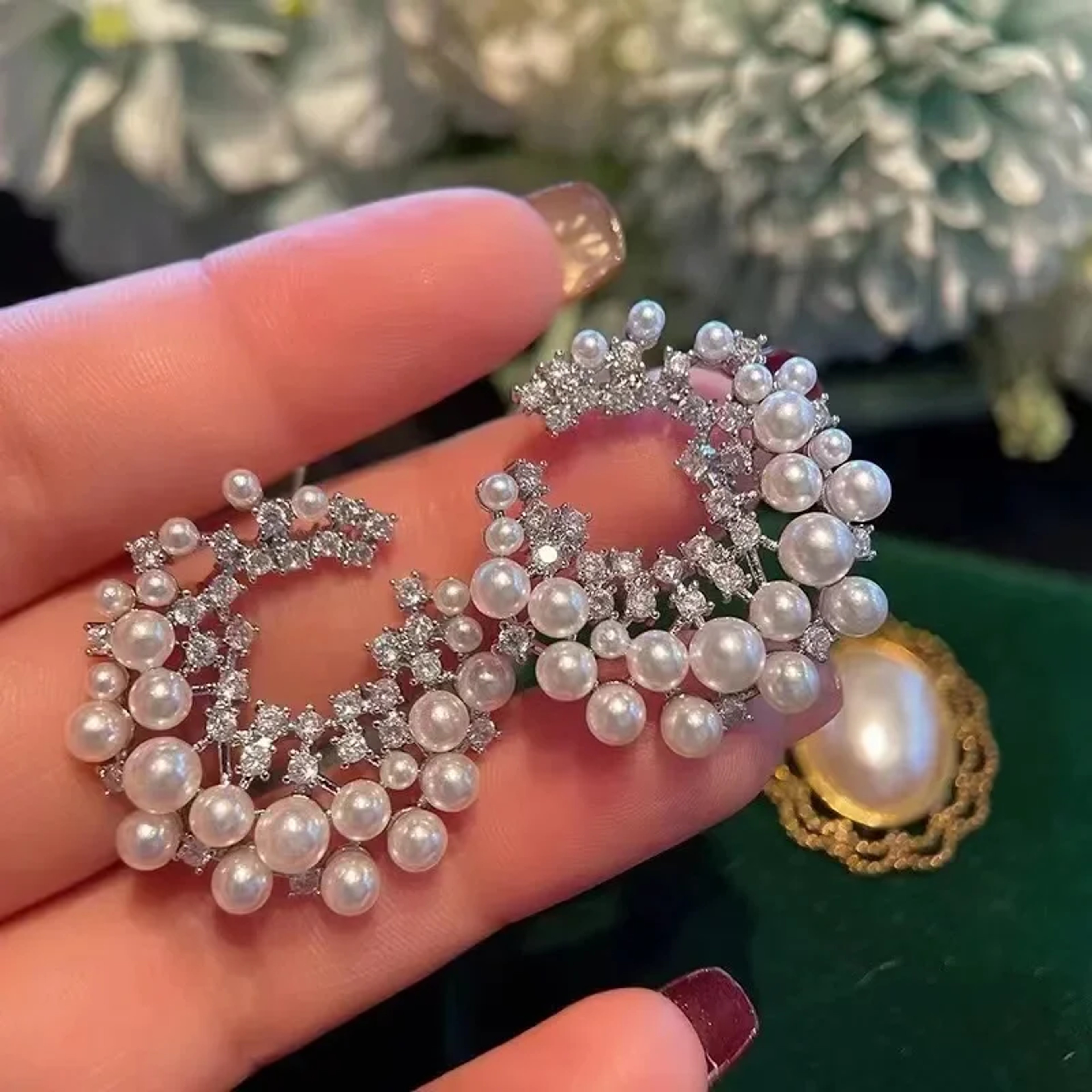 Vintage Silver Pearl Hoop Earrings Irregular C Shape Statement Earrings for Women – view 4