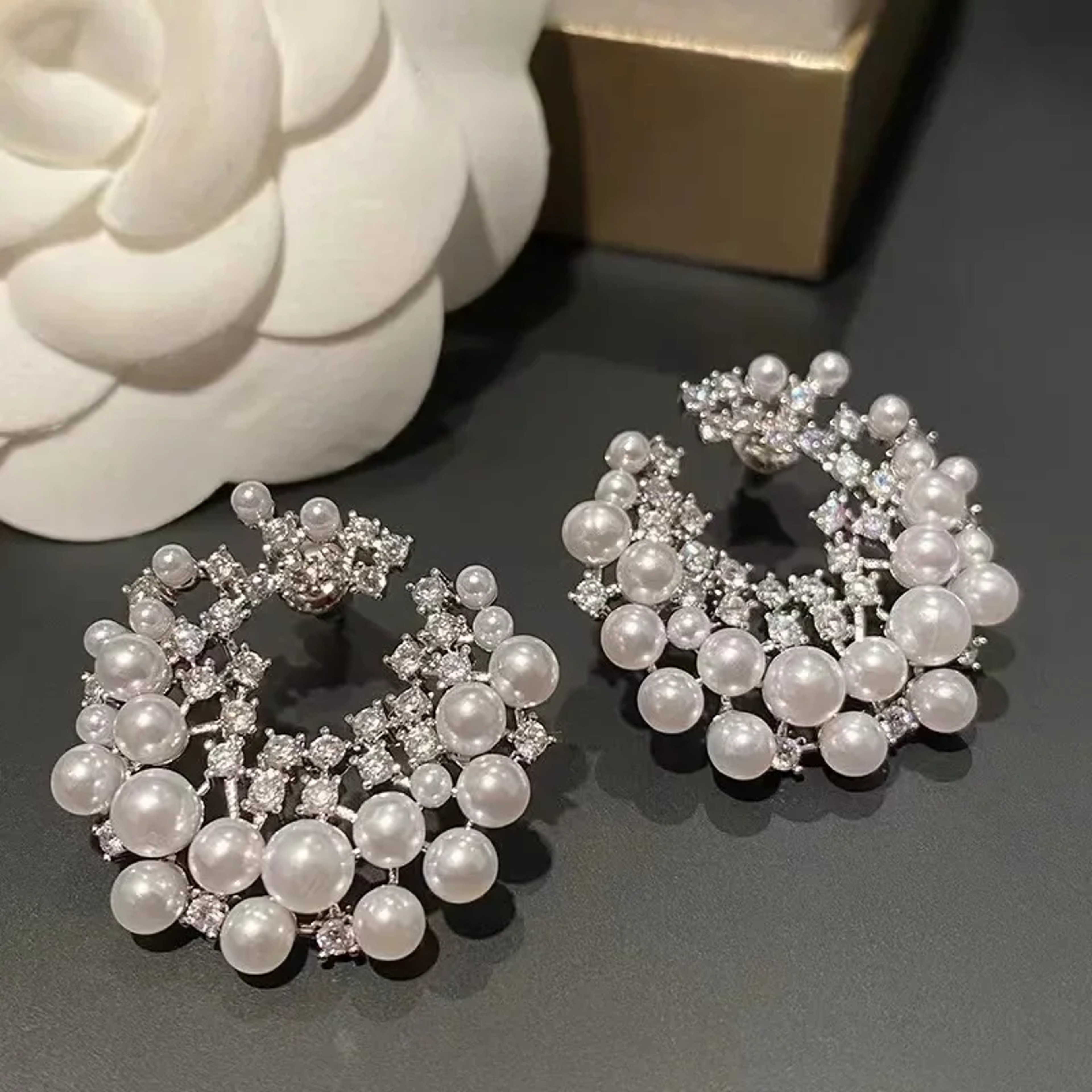 Vintage Silver Pearl Hoop Earrings Irregular C Shape Statement Earrings for Women – view 6
