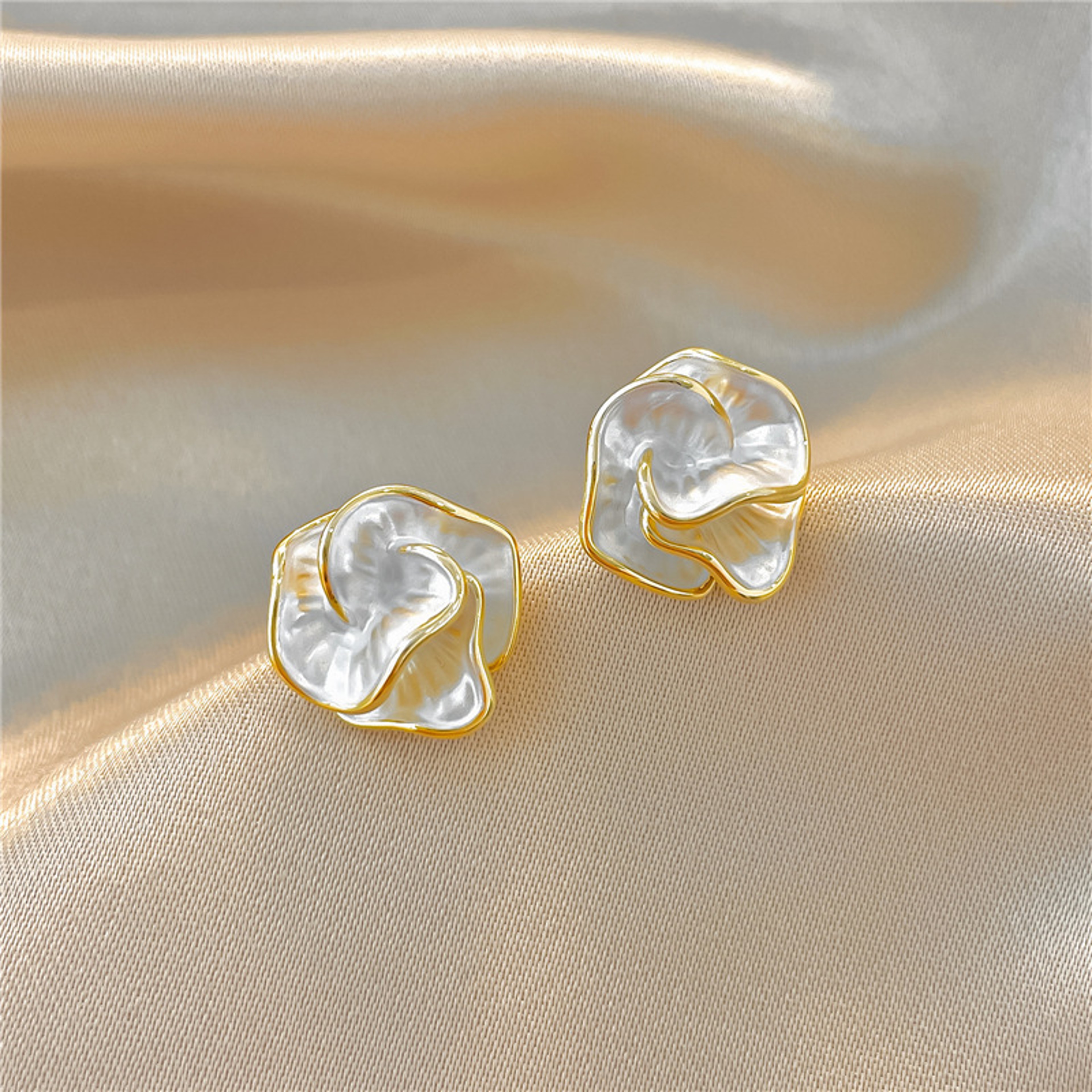 French Camellia Flower Stud Earrings Vintage Enamel Earrings with Gold Tone Finish for Women – view 7