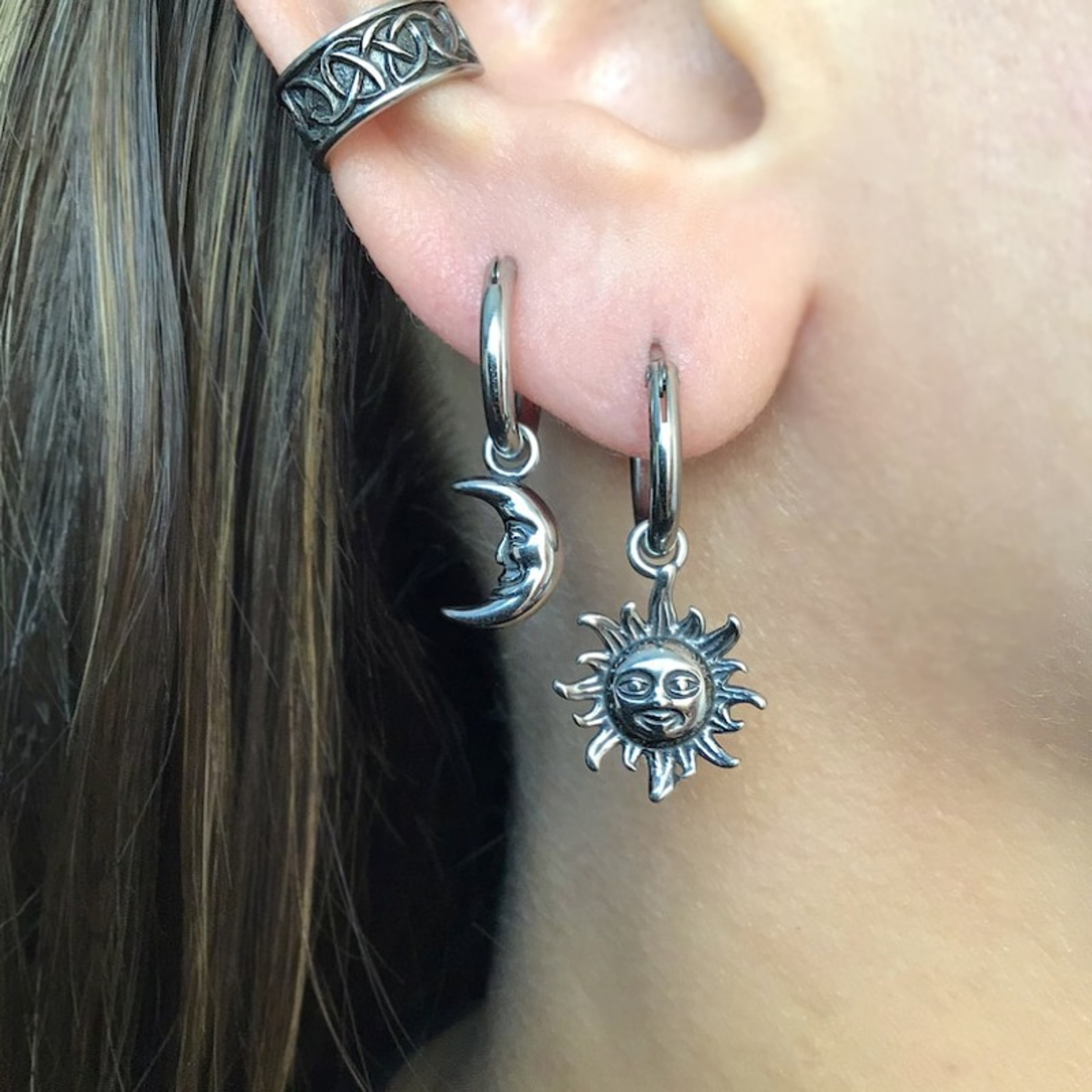 Bohemian Sun Moon Stainless Steel Dangle Earrings Celestial Statement Jewelry For Women 5