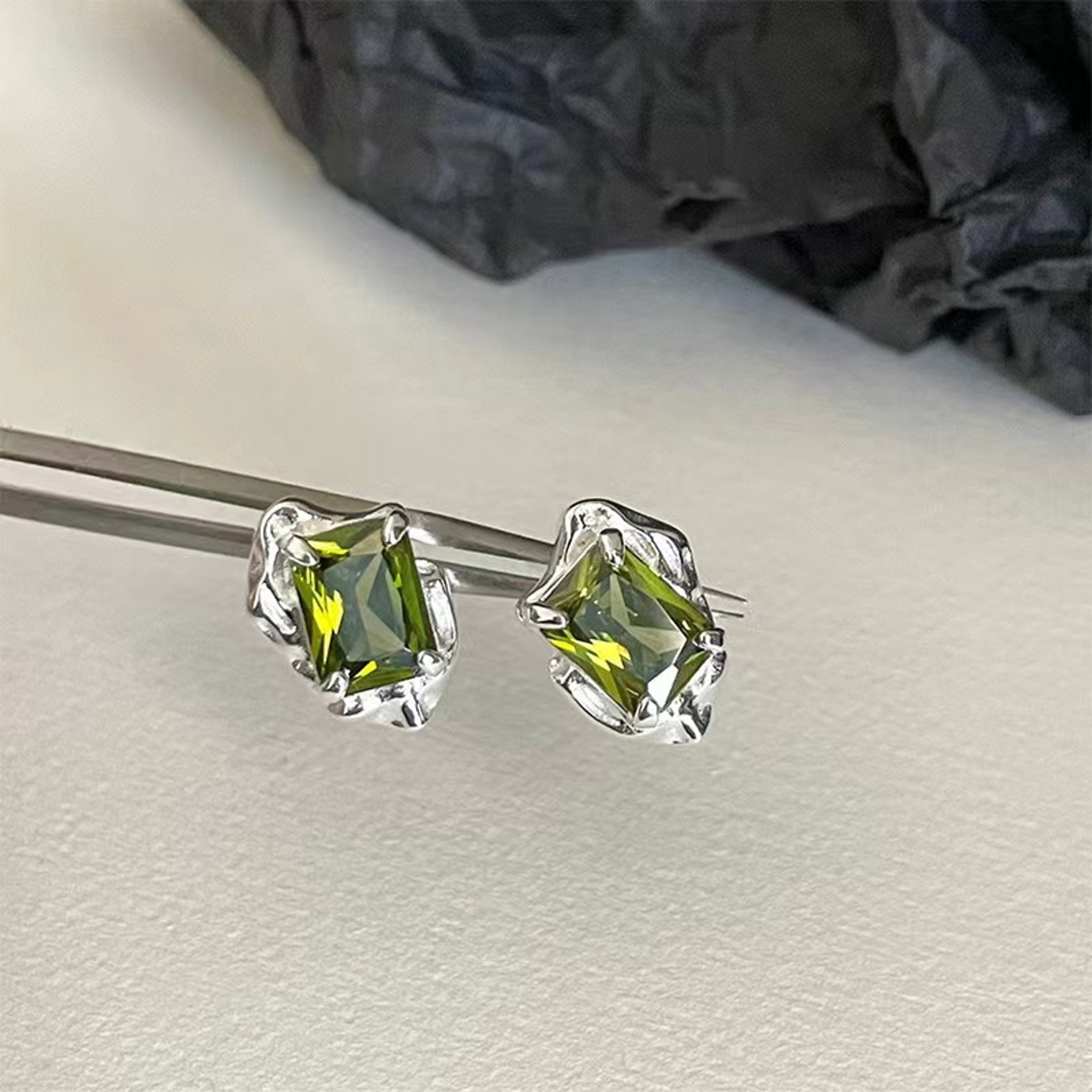 Retro Green Crystal Stud Earrings Silver Square Liquid Metal Unisex Statement Jewelry 4