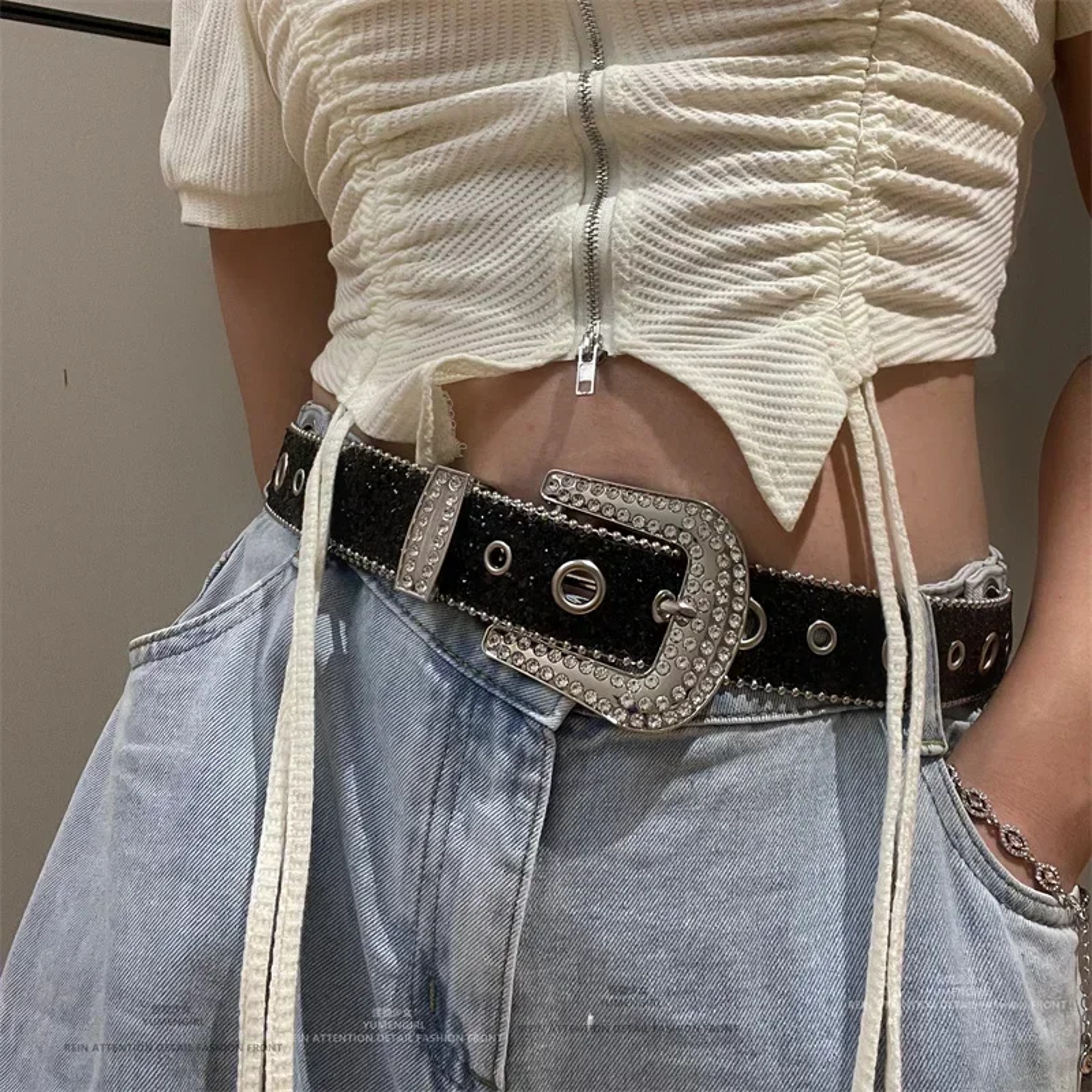 Rhinestone Studded Belt Bling PU Leather Adjustable Waist Belt For Women 0