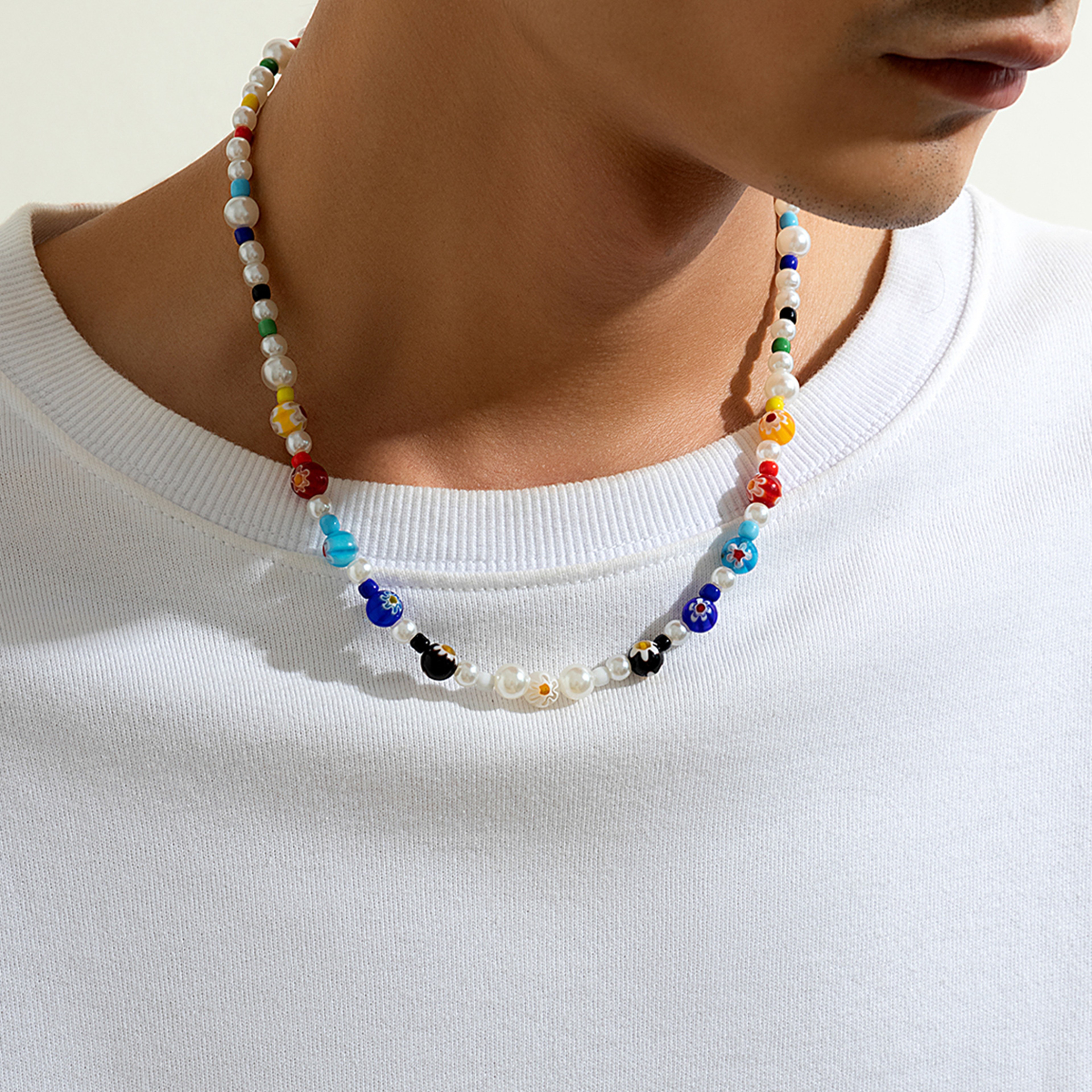 Beaded Choker With Colorful Flower Beads  Faux Pearl Accent Necklace 0