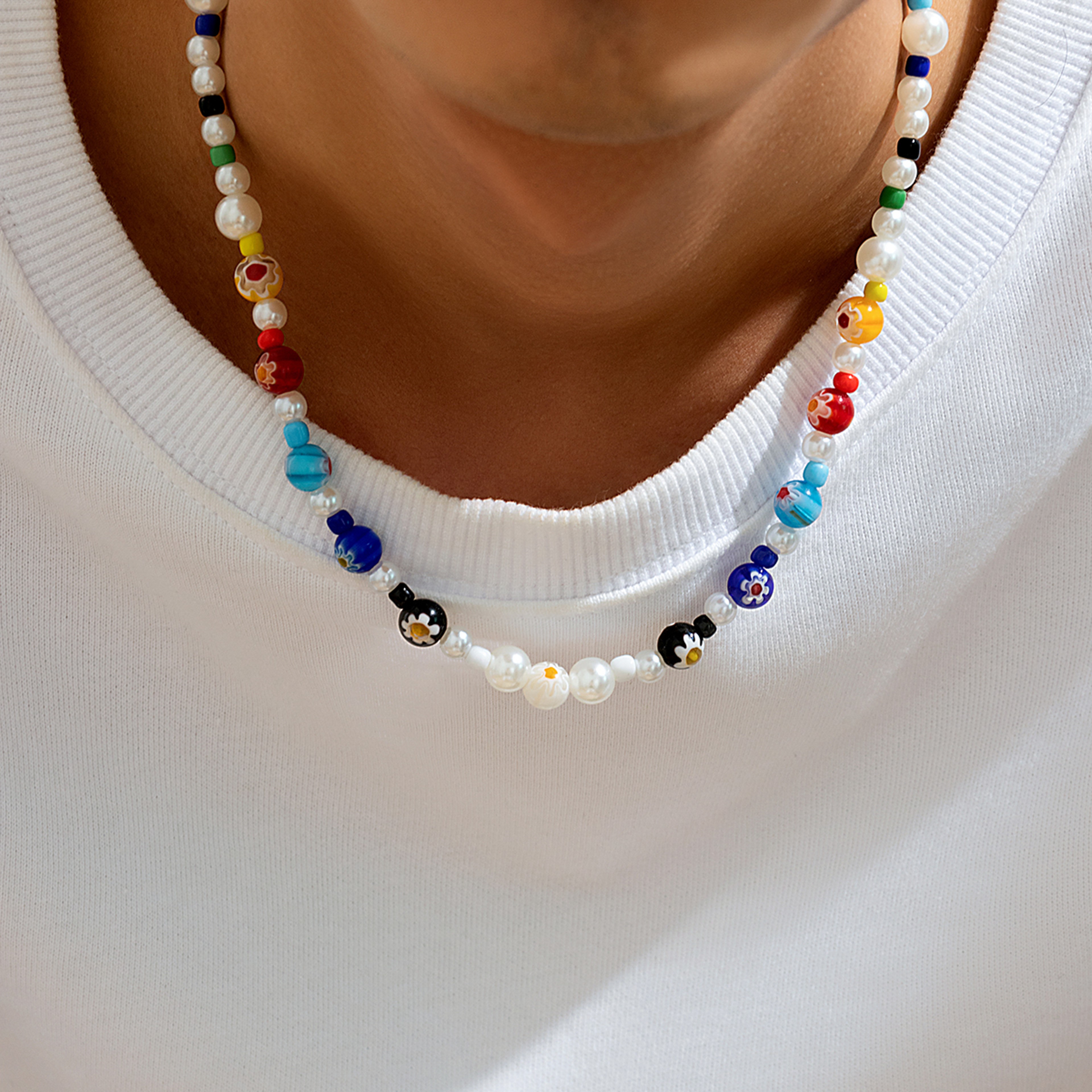 Beaded Choker With Colorful Flower Beads  Faux Pearl Accent Necklace 2