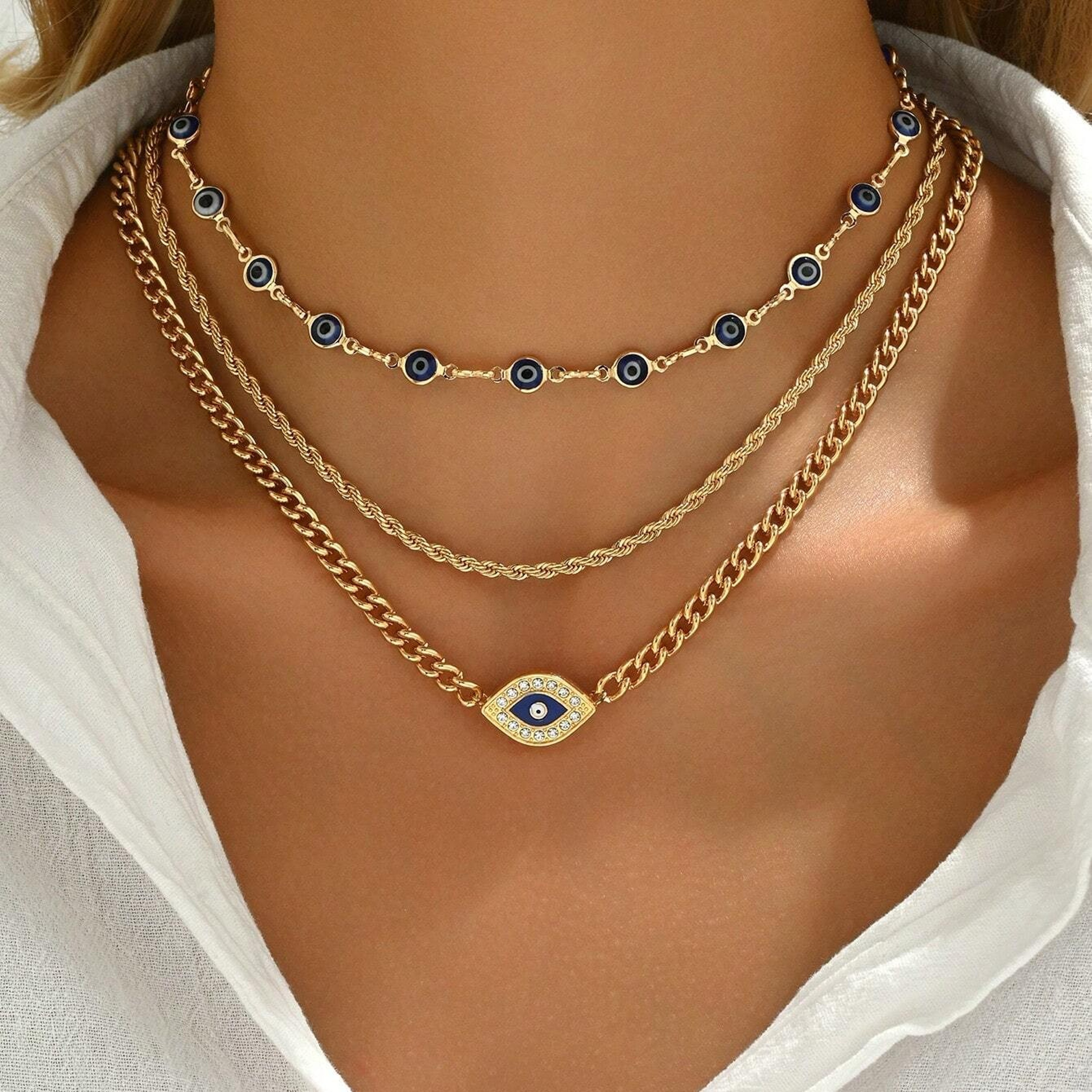 Evil Eye Necklace Layered Crystal Lucky Charm Boho Pendant Necklace For Women 0