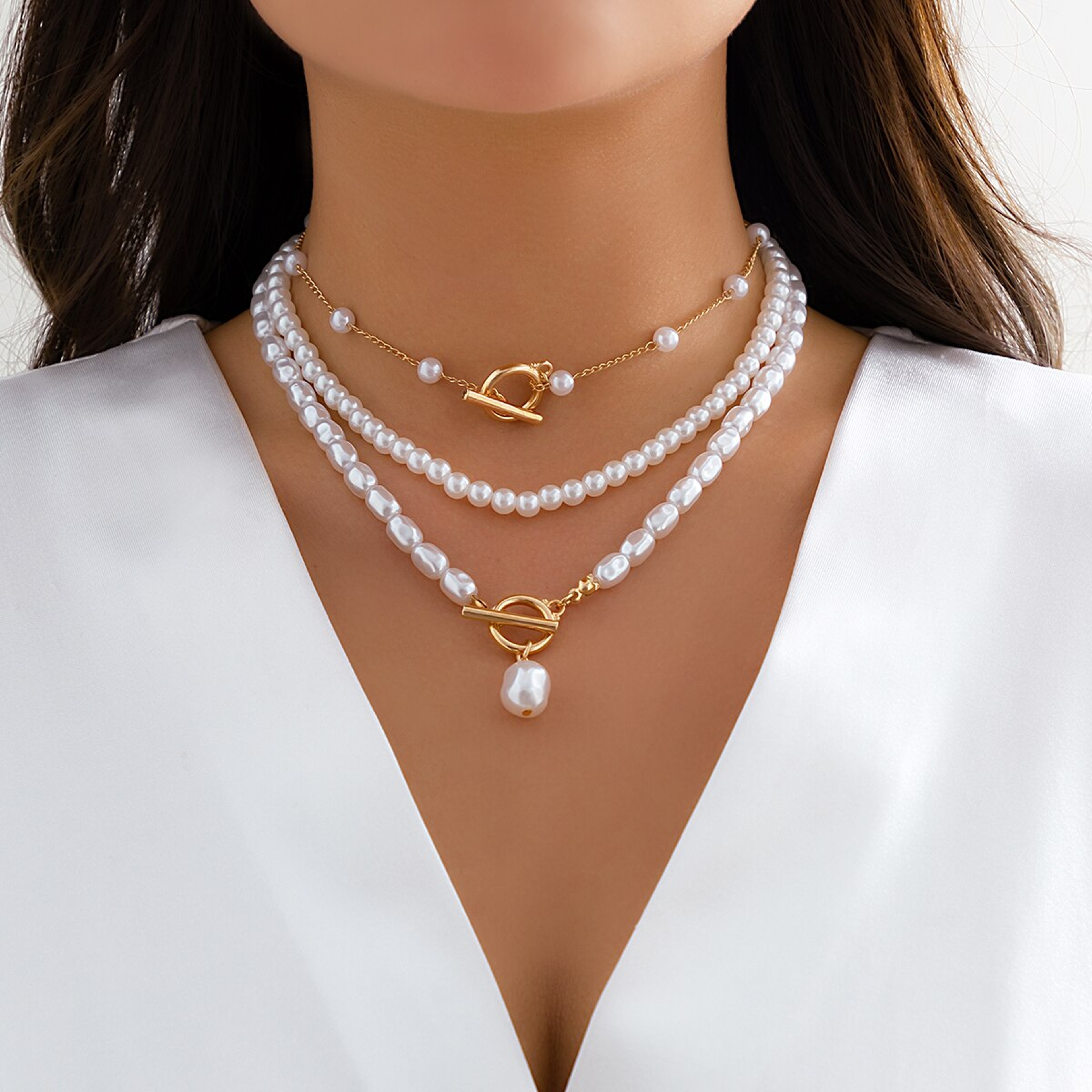 Elegant Layered Pearl Necklace Set Necklace With OT Buckle Faux Pearl Pendant 7