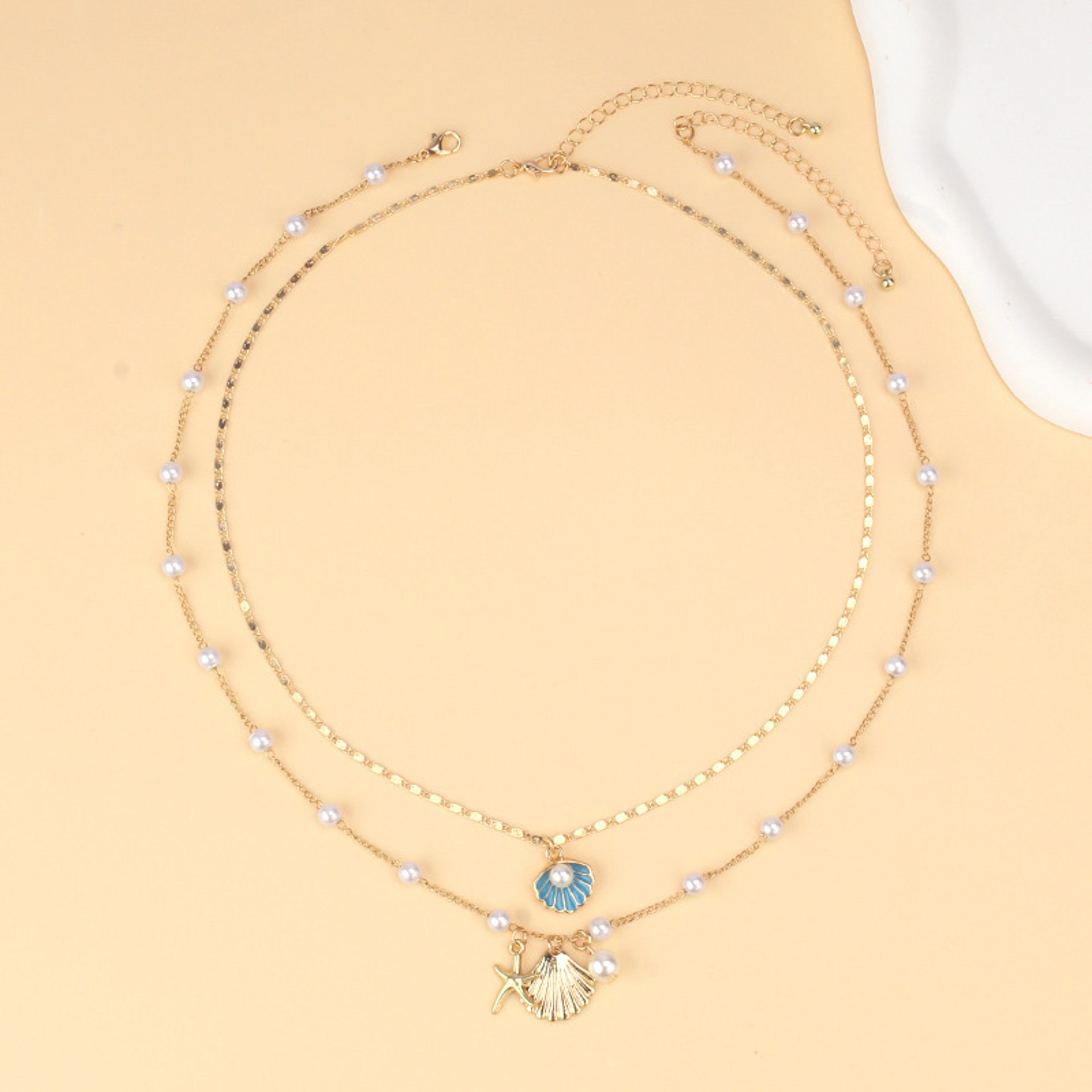 Ocean Glow Starfish Necklace Gold Plated Layered Pearl Necklace With Shell Pendant For Women 2