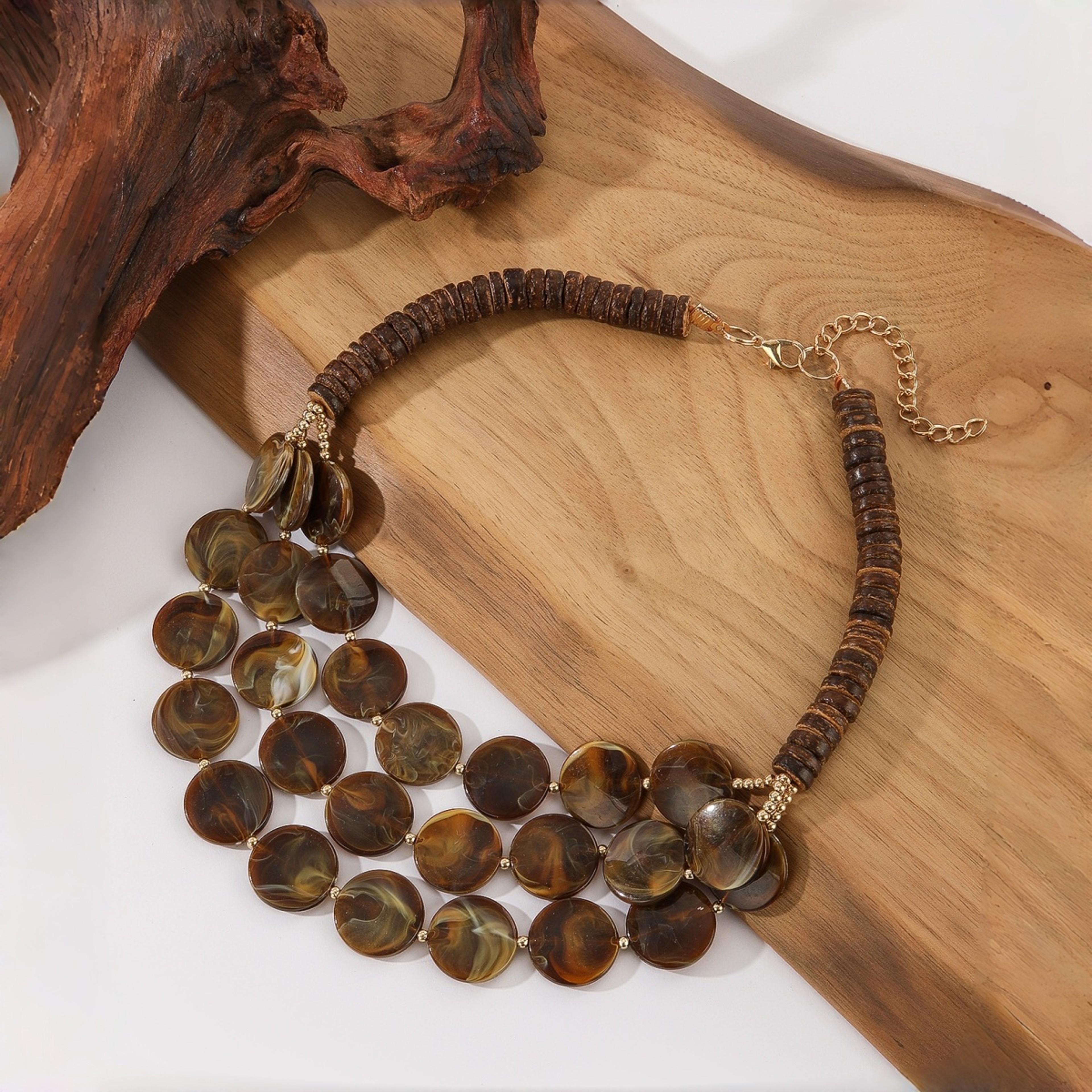 Layered Beaded Necklace With Wooden Beads  Geometric Acrylic Design 1