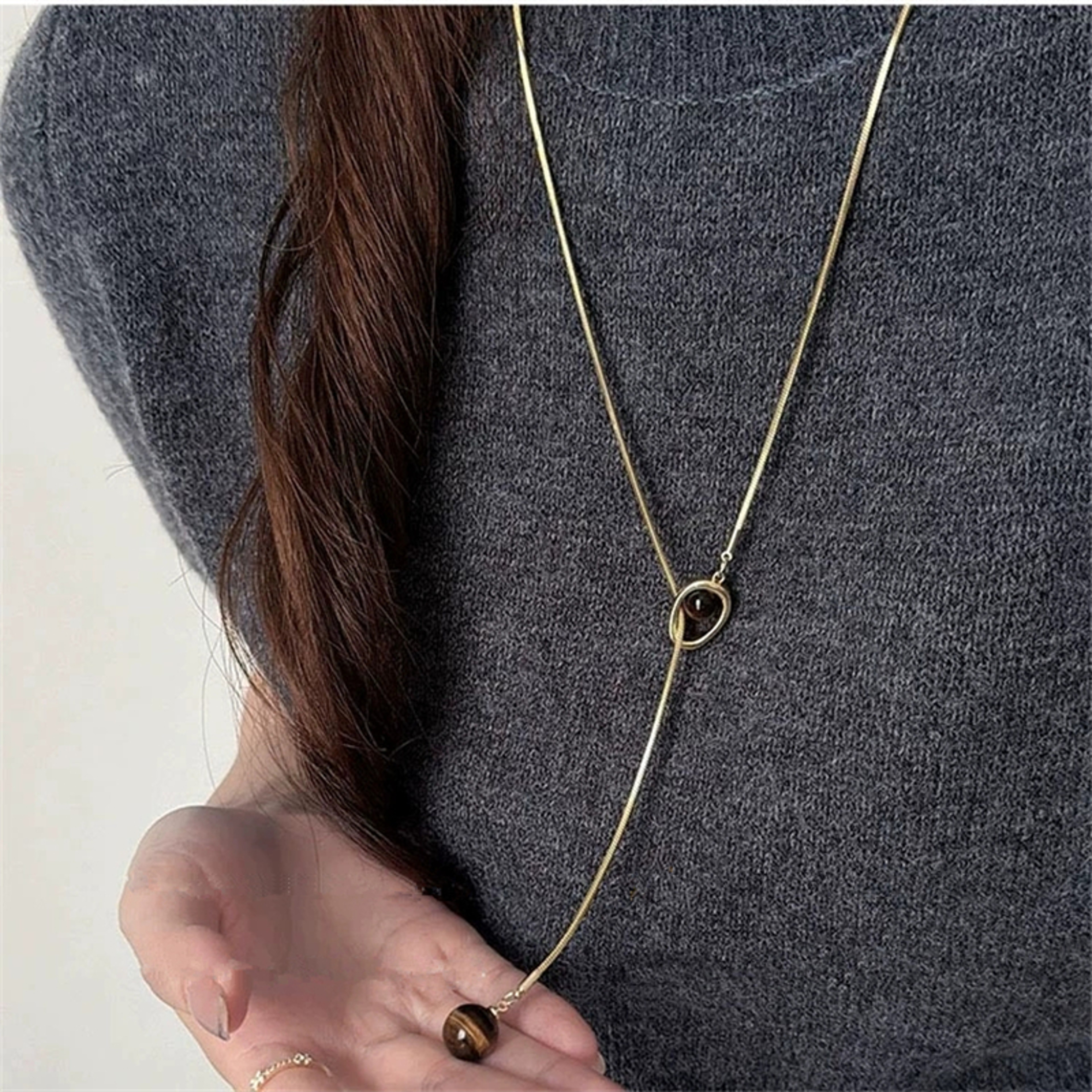 Vintage Tiger Eye Stone Necklace Minimalist Gold Snake Chain Necklace Long Sweater Pendant For Wome 2