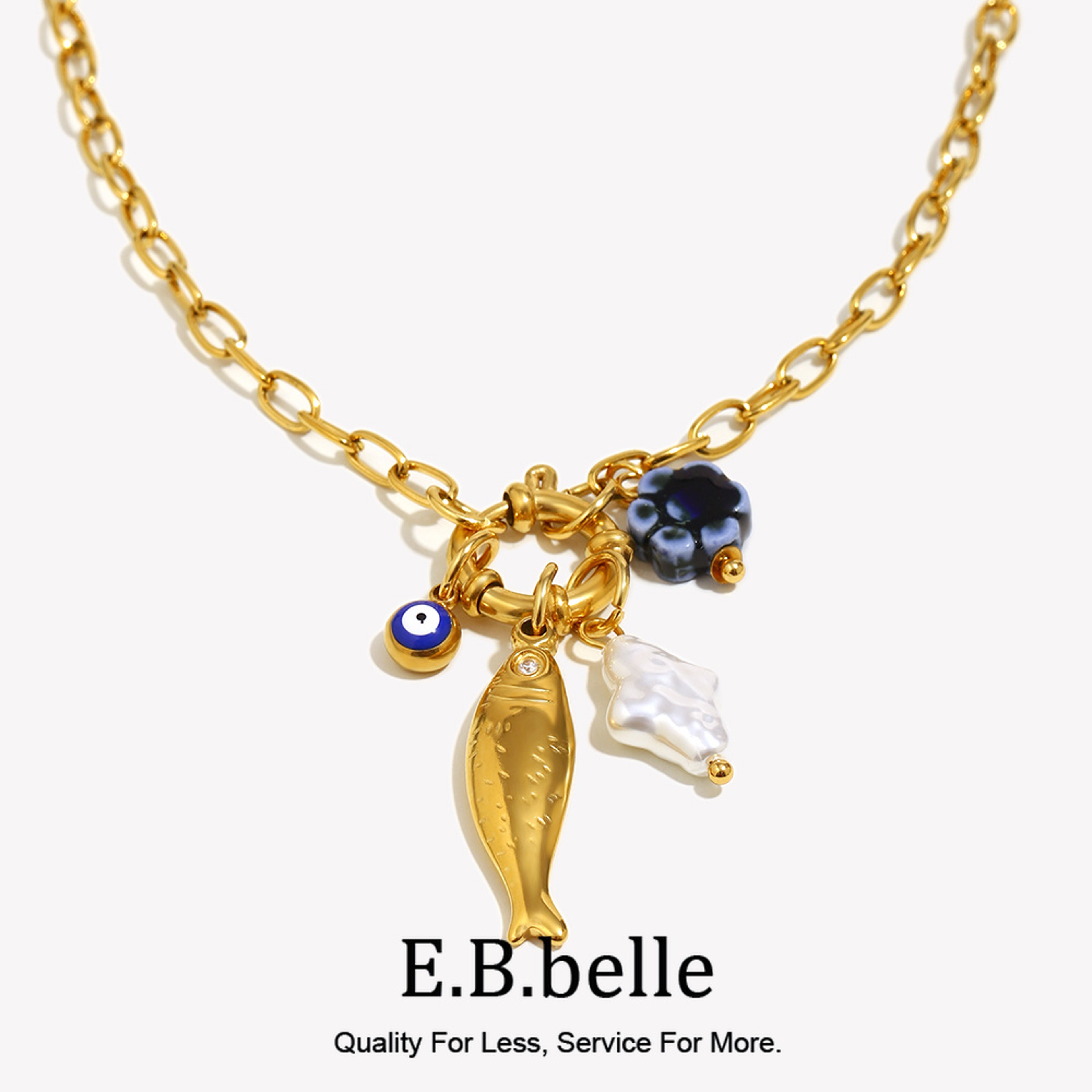 Gold Plated Blue Flower Fish Pendant Necklace Waterproof Stainless Steel Beach Jewelry for Women – view 1