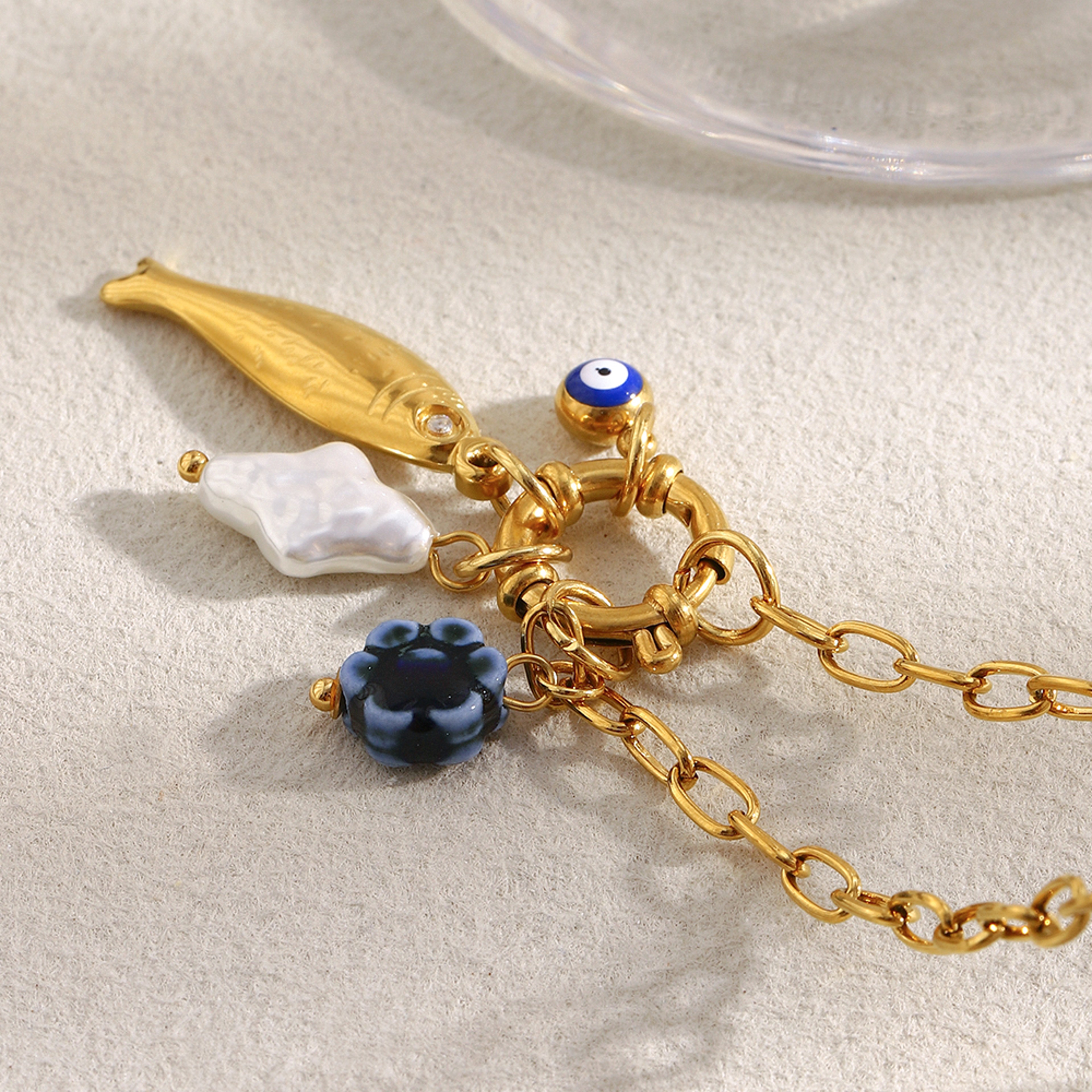 Gold Plated Blue Flower Fish Pendant Necklace Waterproof Stainless Steel Beach Jewelry for Women – view 5