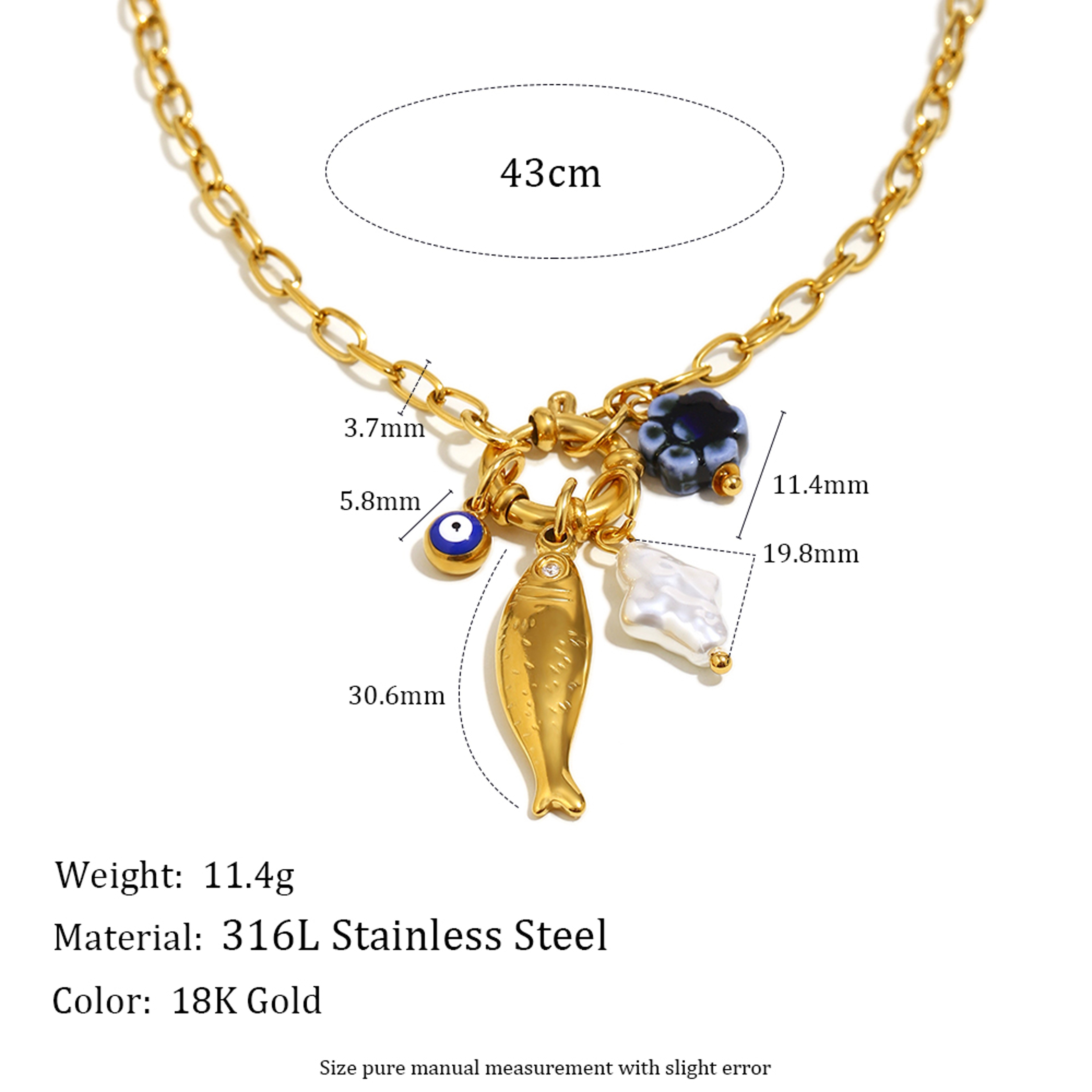 Gold Plated Blue Flower Fish Pendant Necklace Waterproof Stainless Steel Beach Jewelry for Women – view 7