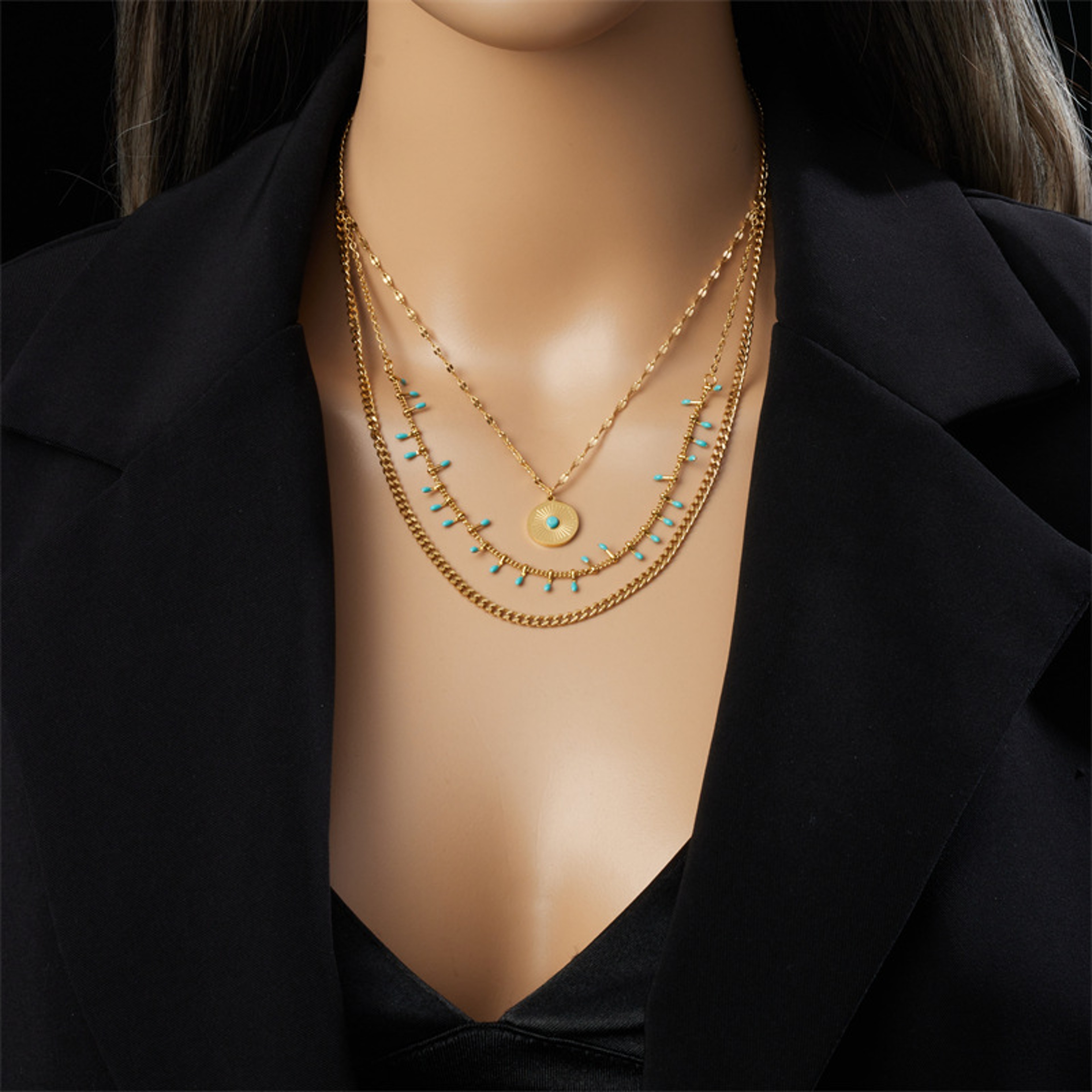 Vintage Evil Eye Necklace Gold Plated Turquoise Layered Necklace in Stainless Steel – view 3