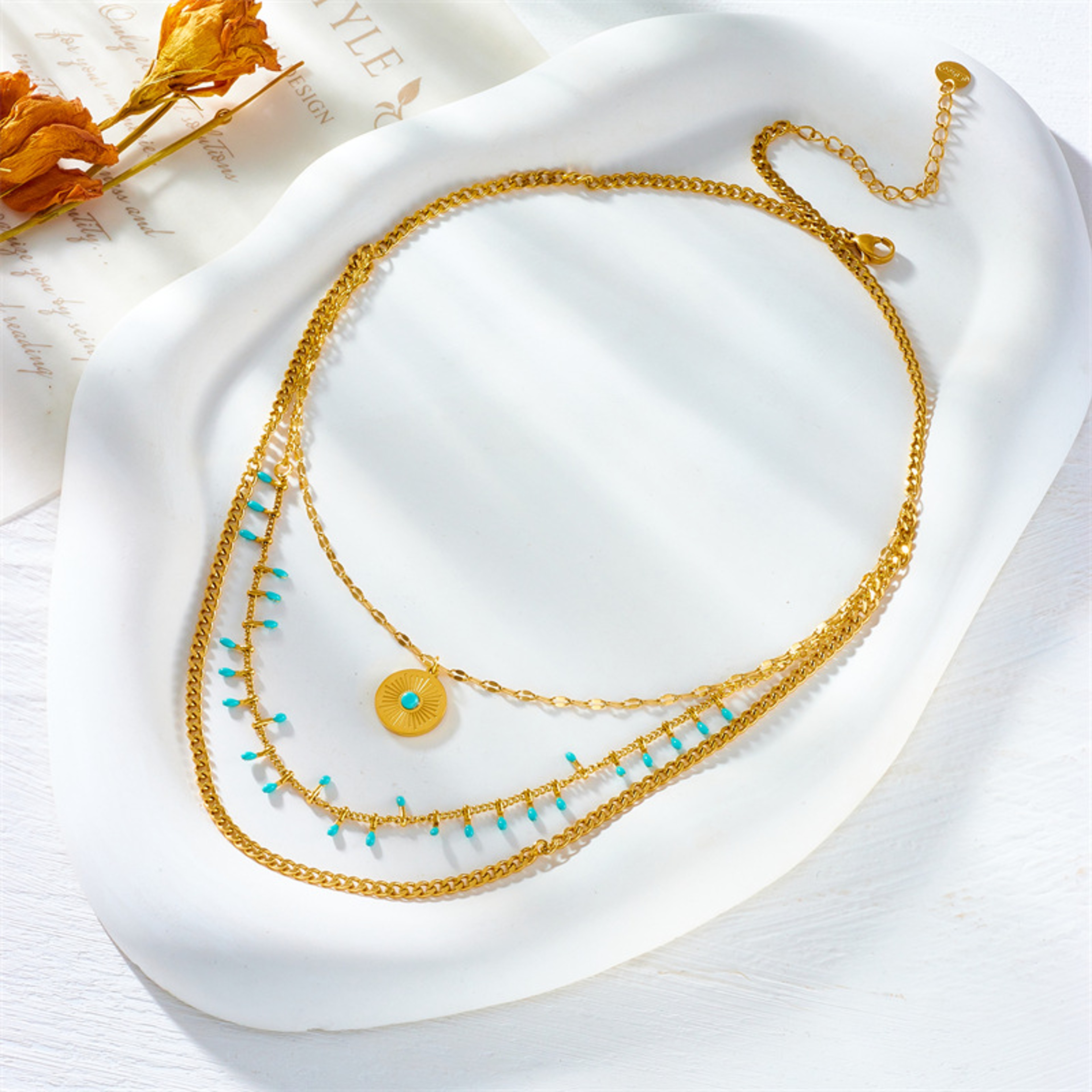Vintage Evil Eye Necklace Gold Plated Turquoise Layered Necklace in Stainless Steel – view 4