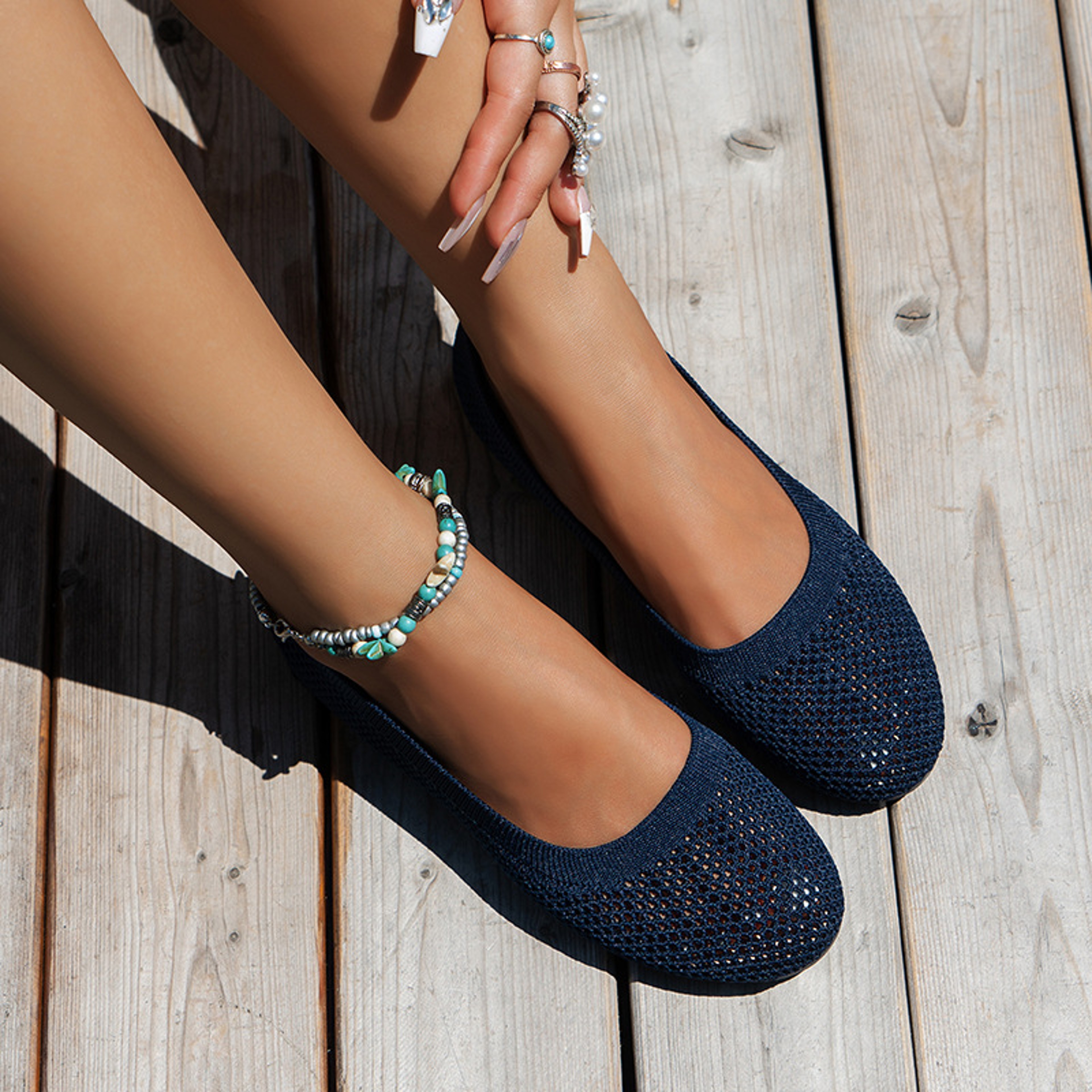 Women Round Toe Flat Shoes Knitted SlipOn Loafers Solid Color Casual Ballet Flats Breathable Lightw 2