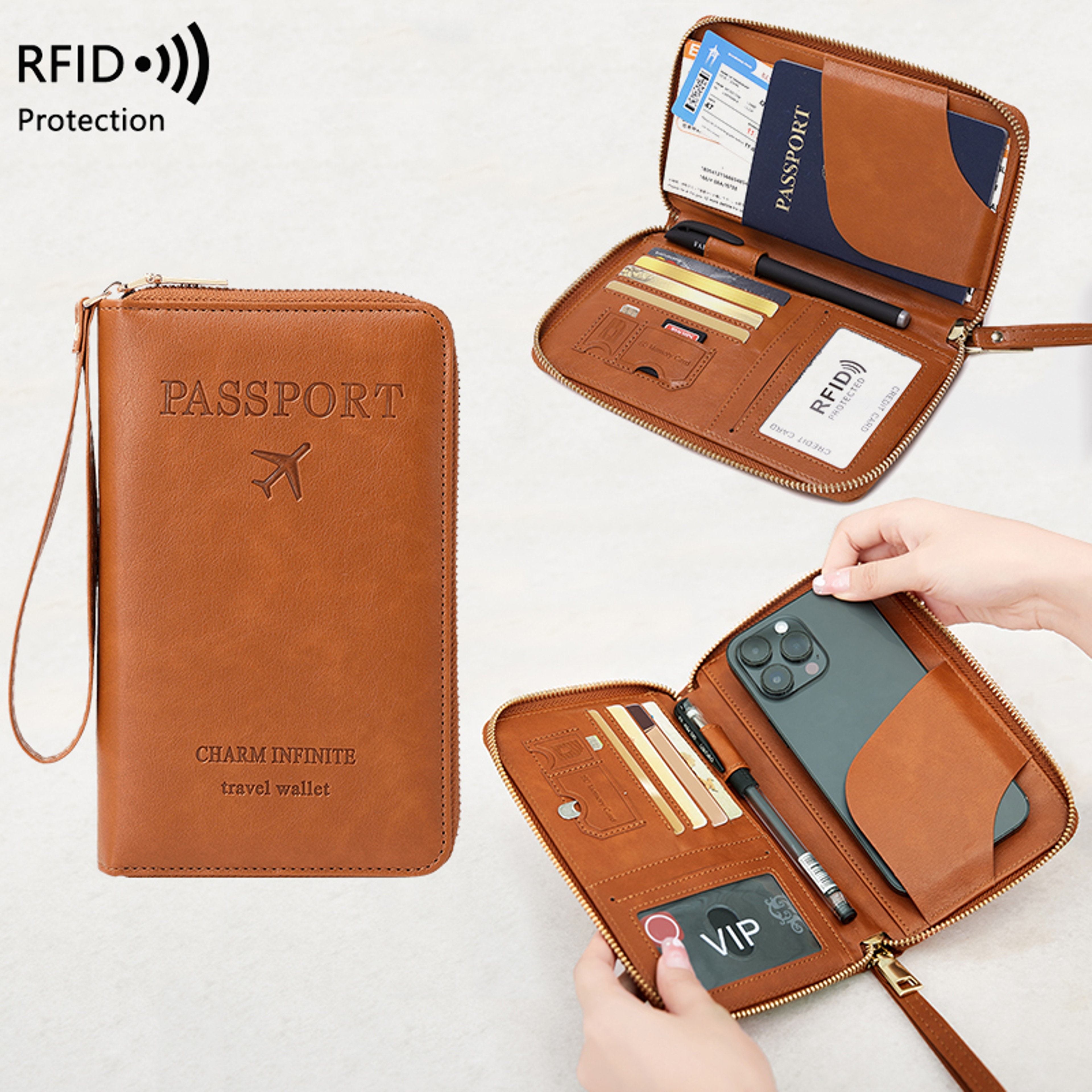 Multifunctional Blocking Travel Wallet, Passport Holder, Ticket Organizer, Credit Card Zipper Pouch with Wrist Strap – view 1