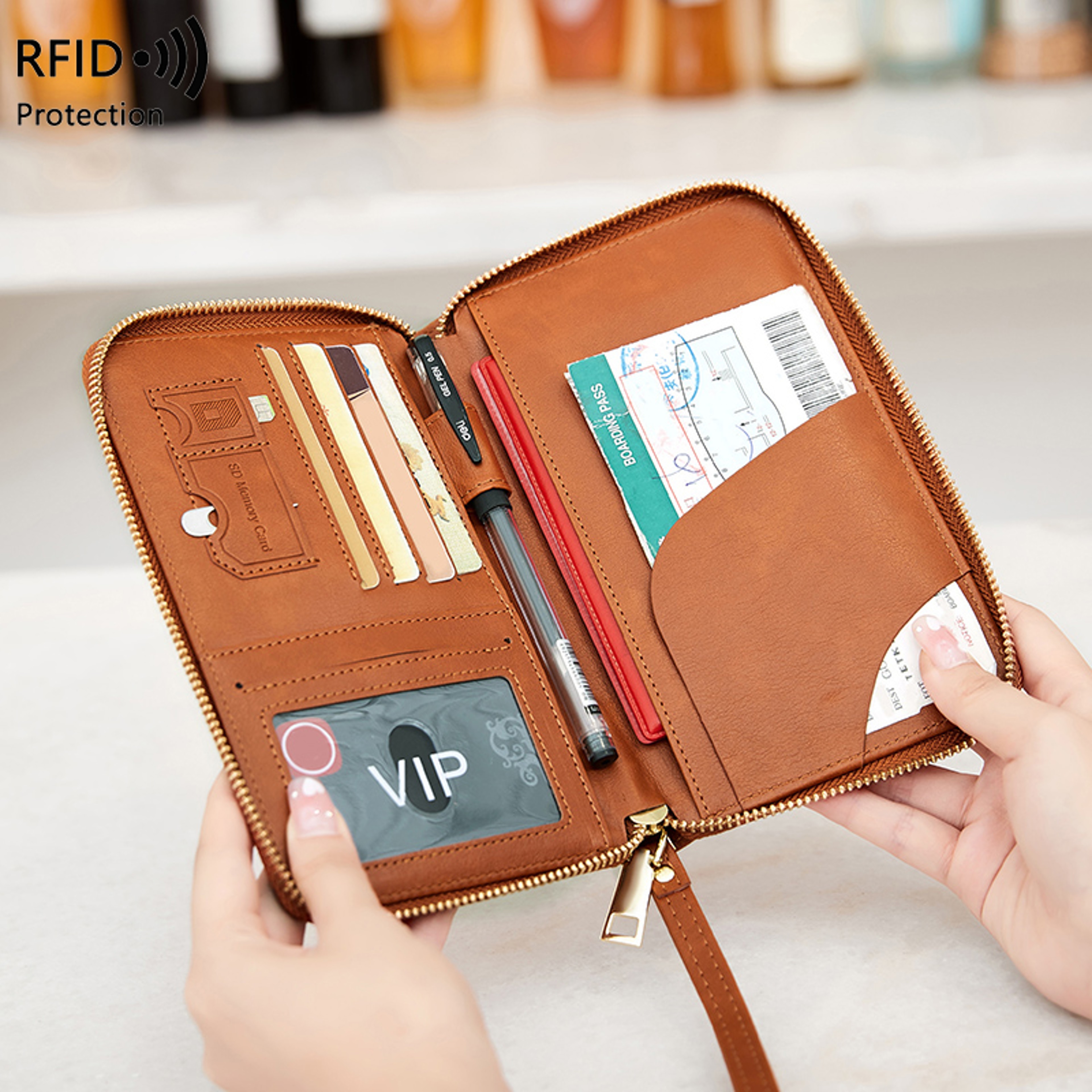 Multifunctional Blocking Travel Wallet, Passport Holder, Ticket Organizer, Credit Card Zipper Pouch with Wrist Strap – view 4