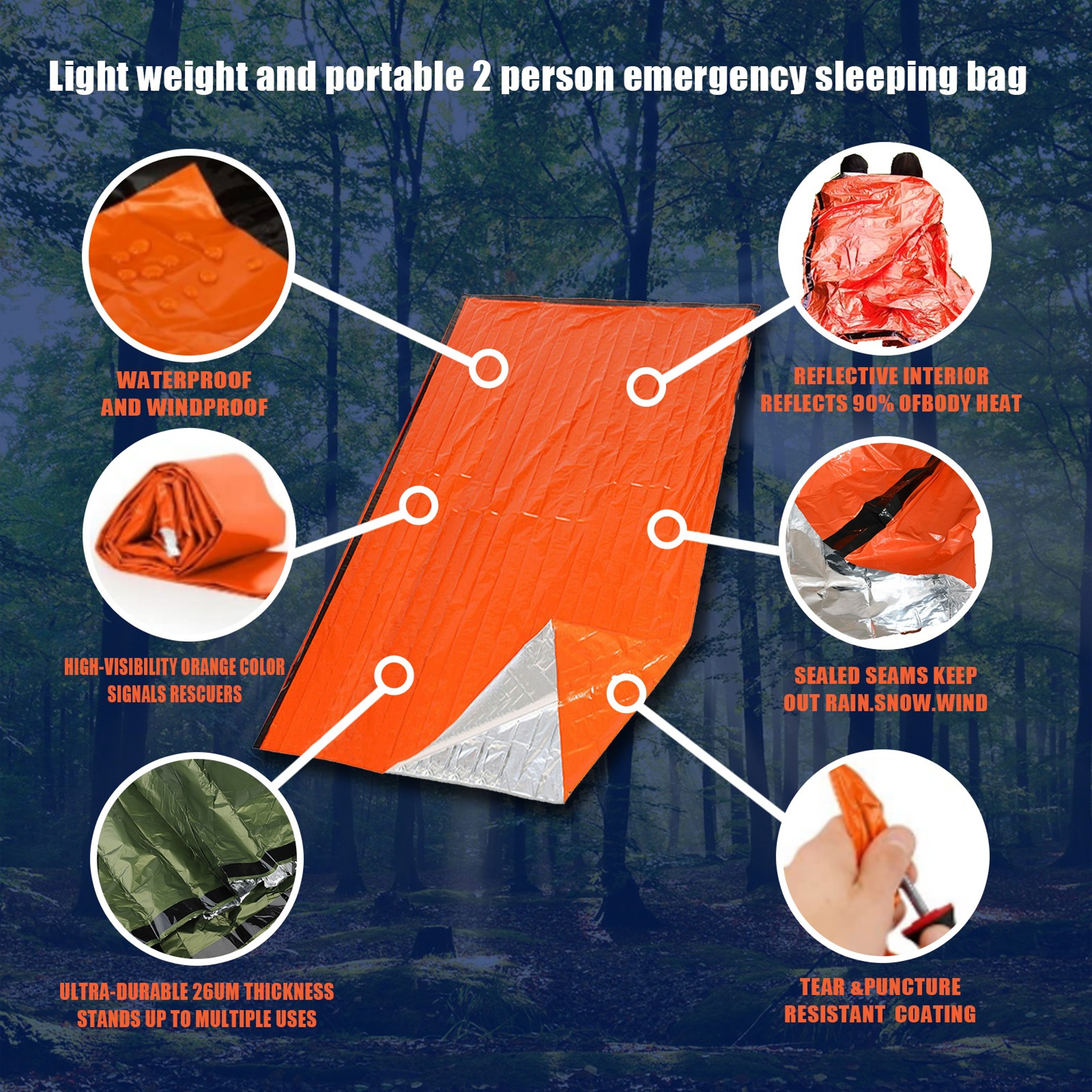 Portable Waterproof Emergency Survival Sleeping Bag, Outdoor EDC Thermal Sack, First Aid Rescue Kit Mylar Blanket – view 6