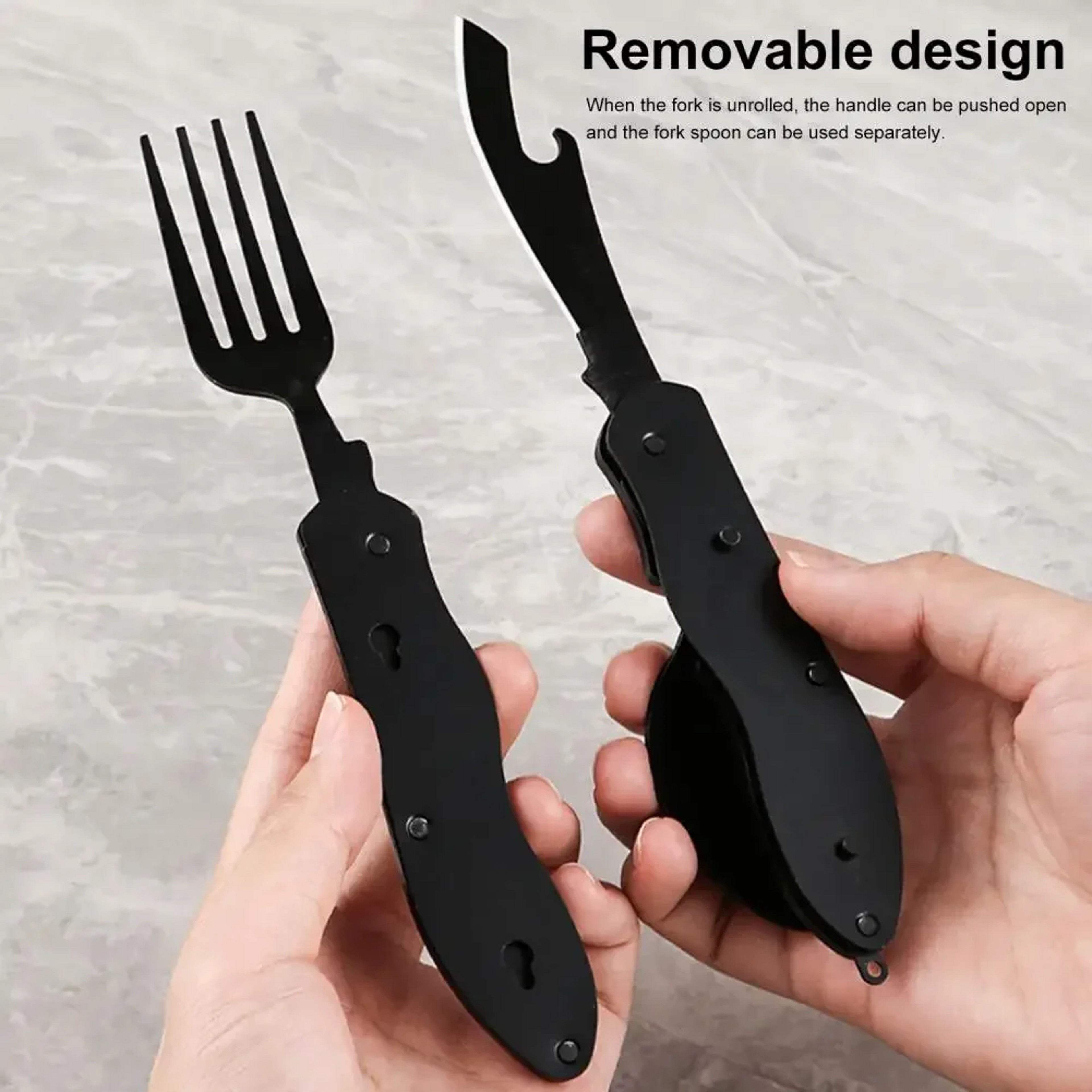 Camping Folding Knife Spoon Fork Multi-Tool, Stainless Steel Outdoor Utensil Set with Comfortable Grip & Bottle Opener – view 3