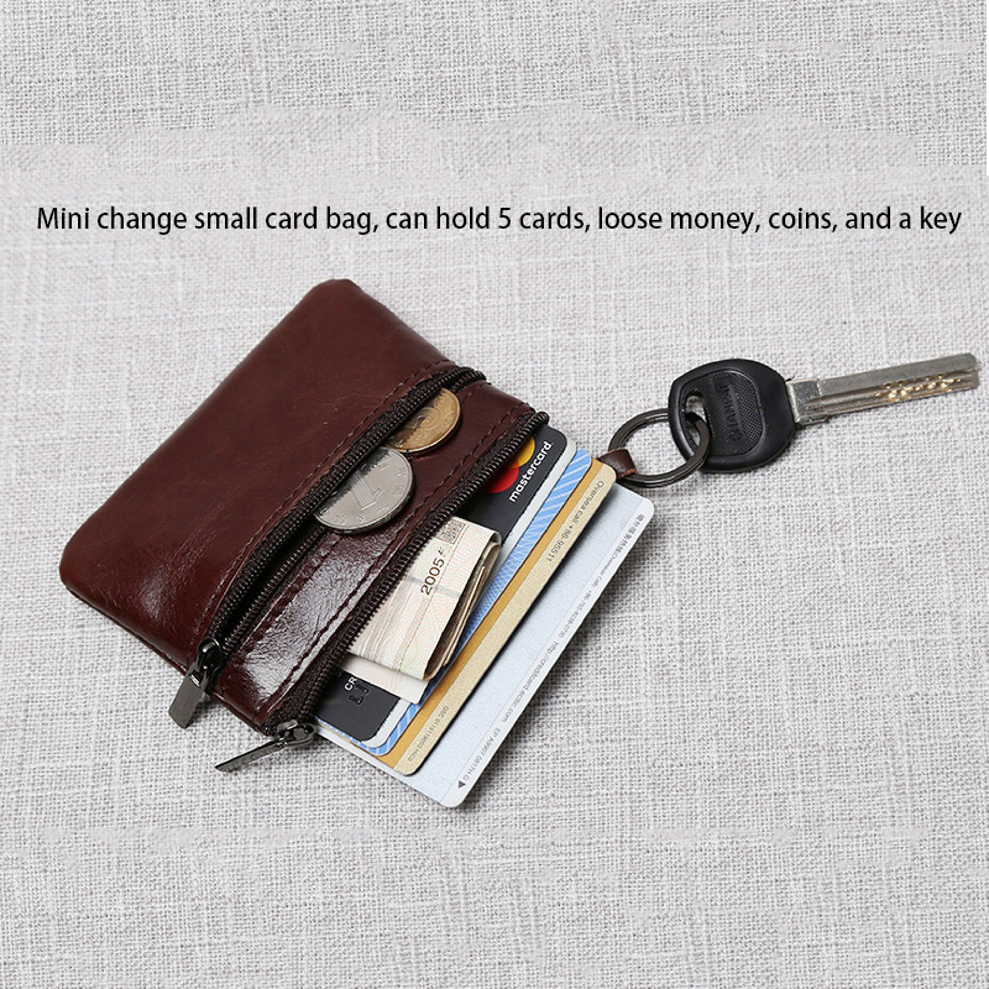 Handmade Leather Mini Coin Purse, Unisex First Layer Cowhide Zipper Wallet, Portable Retro Small Key Holder Pouch – view 5