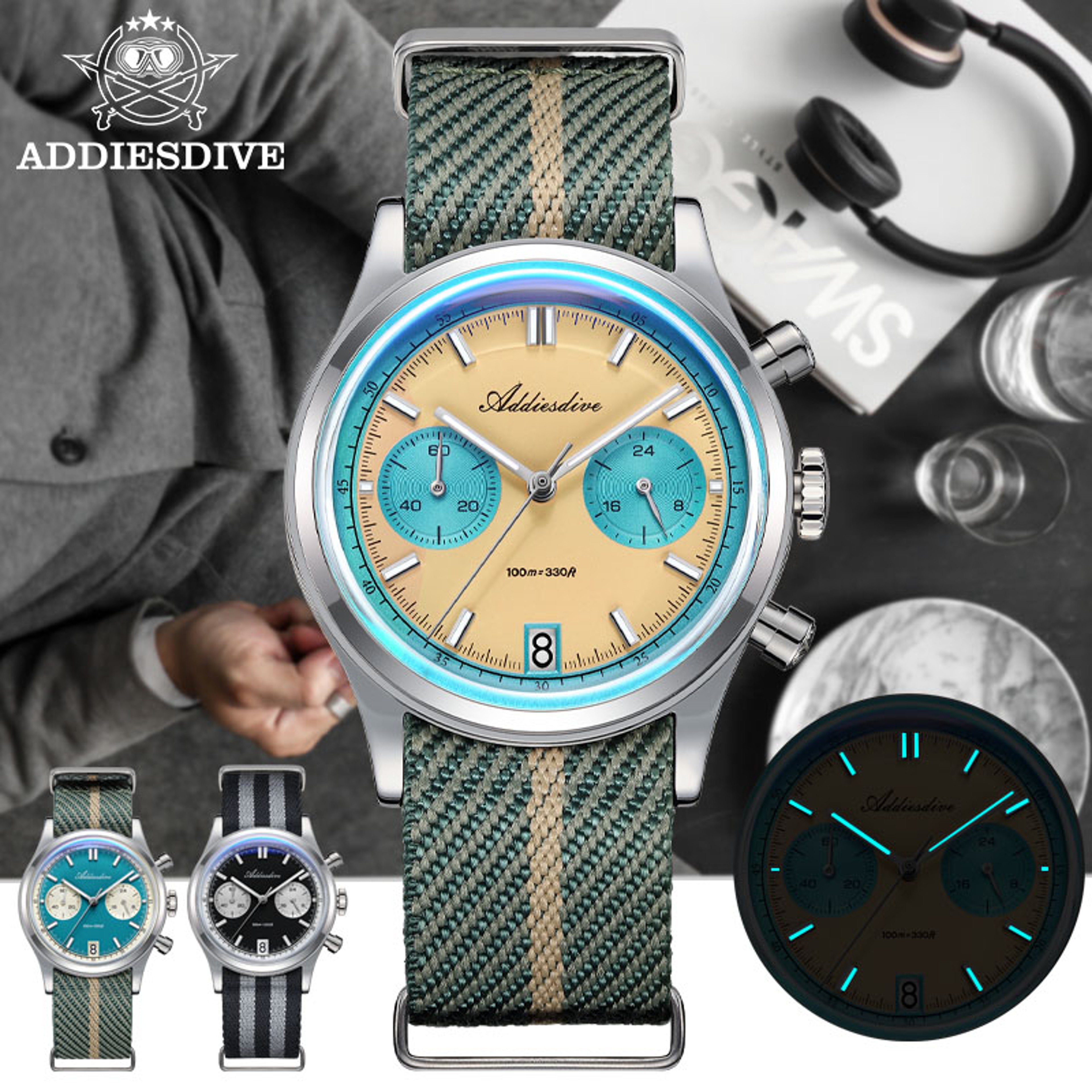 Men Chronograph Watch, Quartz Wristwatch, Waterproof Bubble Glass, Luminous Dial 38mm – view 6