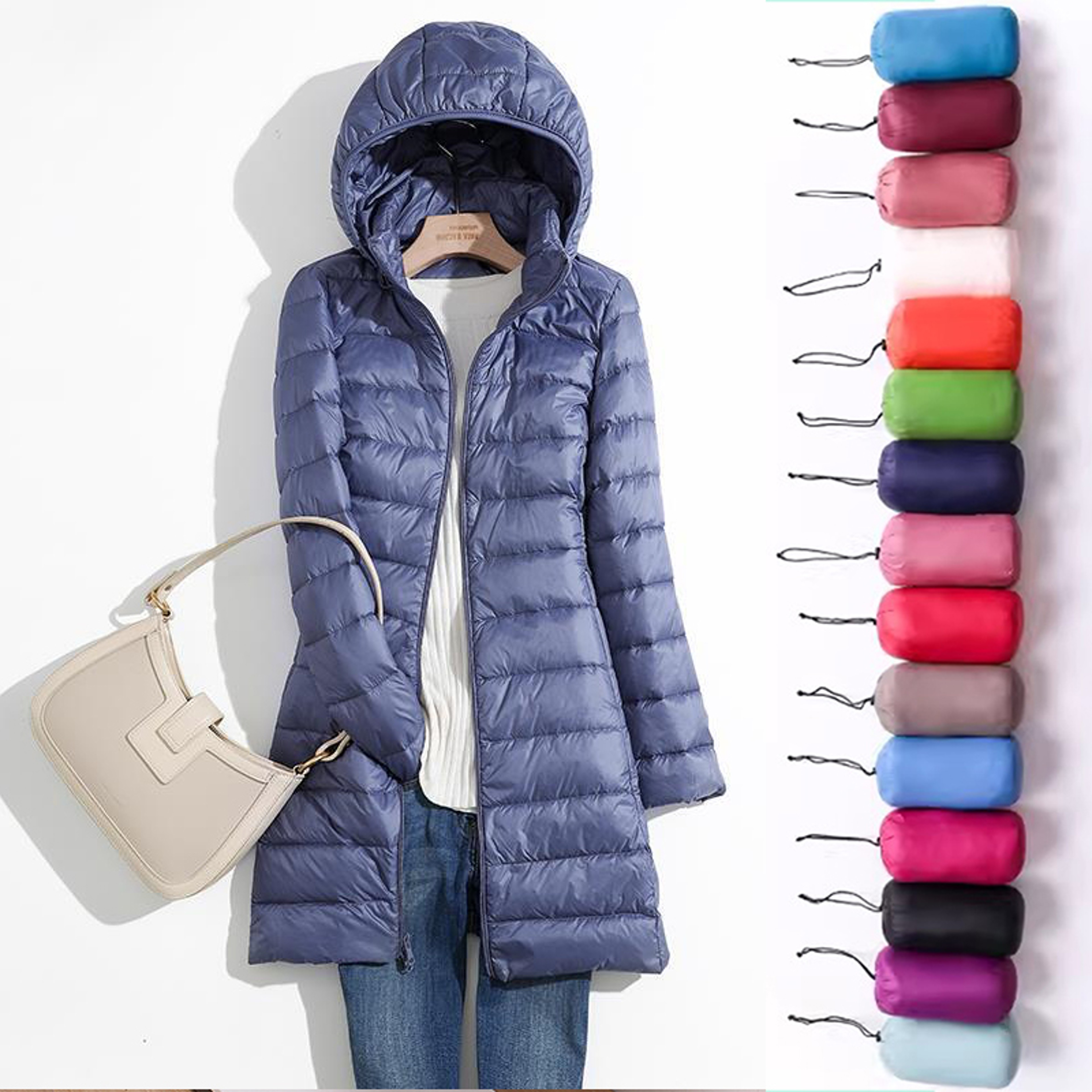 Fall Womens Jacket, Autumn Winter Ultra Lightweight Packable Hooded Puffer Coat, Korean Slim Long Female Coat – view 1