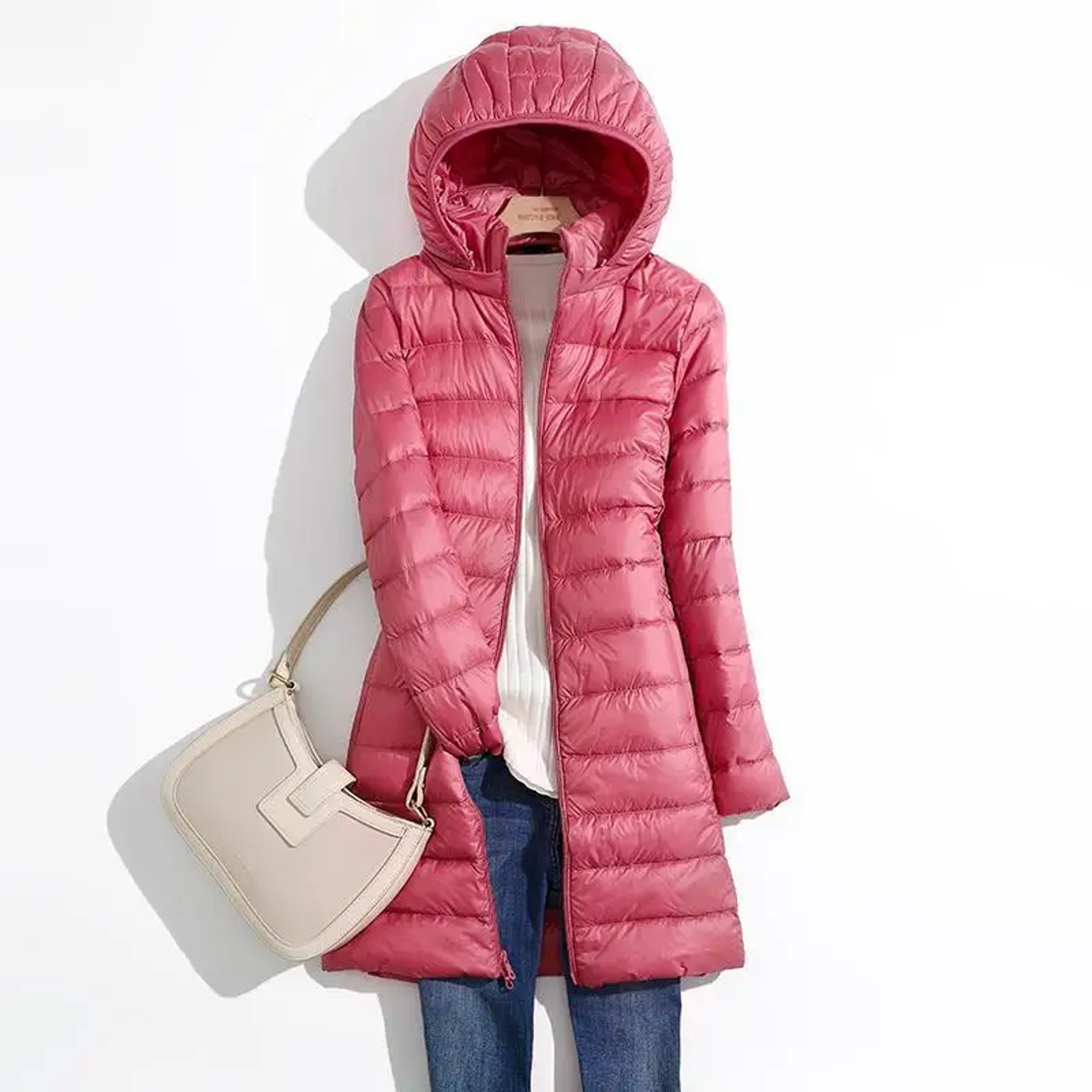 Fall Womens Jacket, Autumn Winter Ultra Lightweight Packable Hooded Puffer Coat, Korean Slim Long Female Coat – view 10