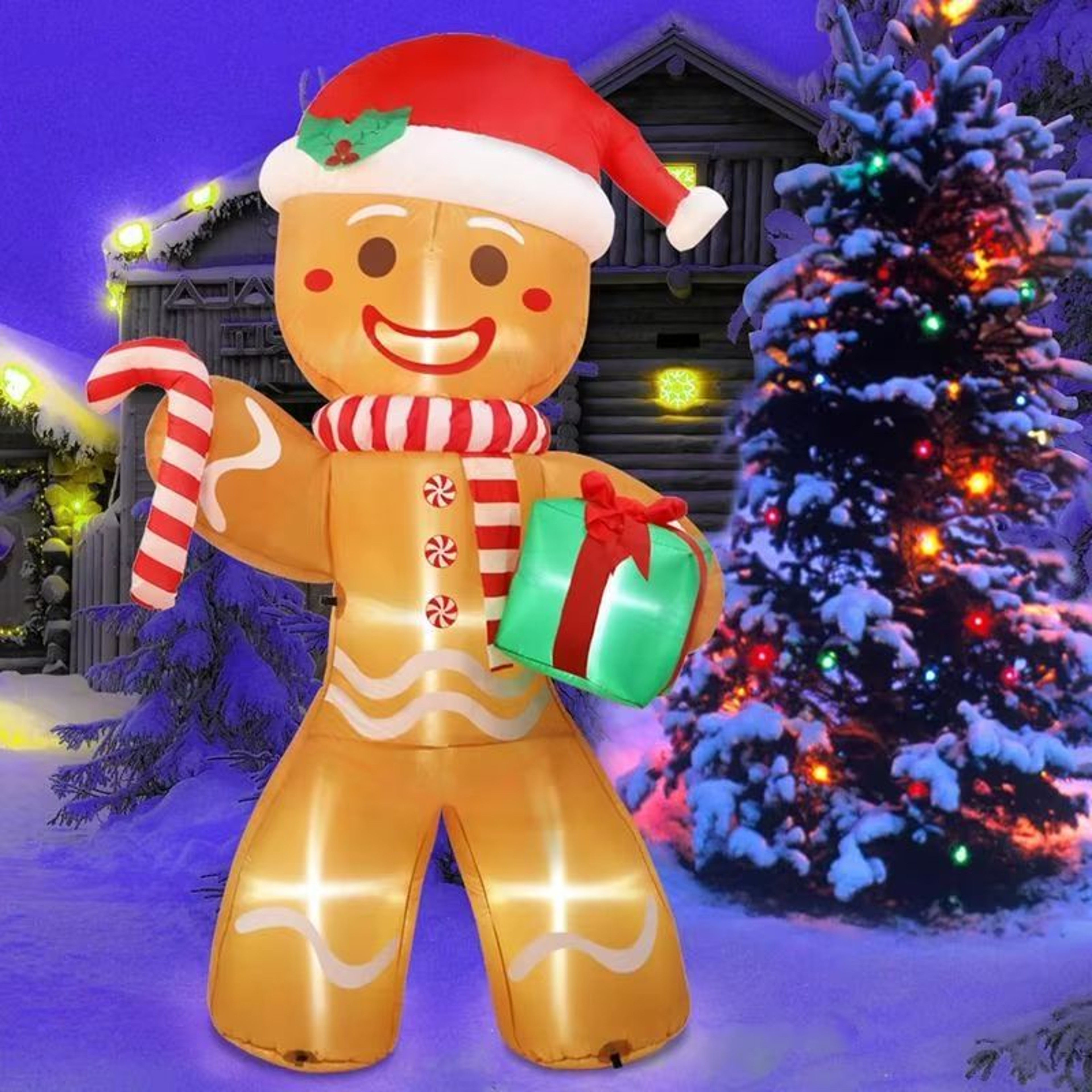 Christmas Inflatables Gingerbread Man 8FT Outdoor Xmas Yard Decorations Gift Pack With LED Lights F