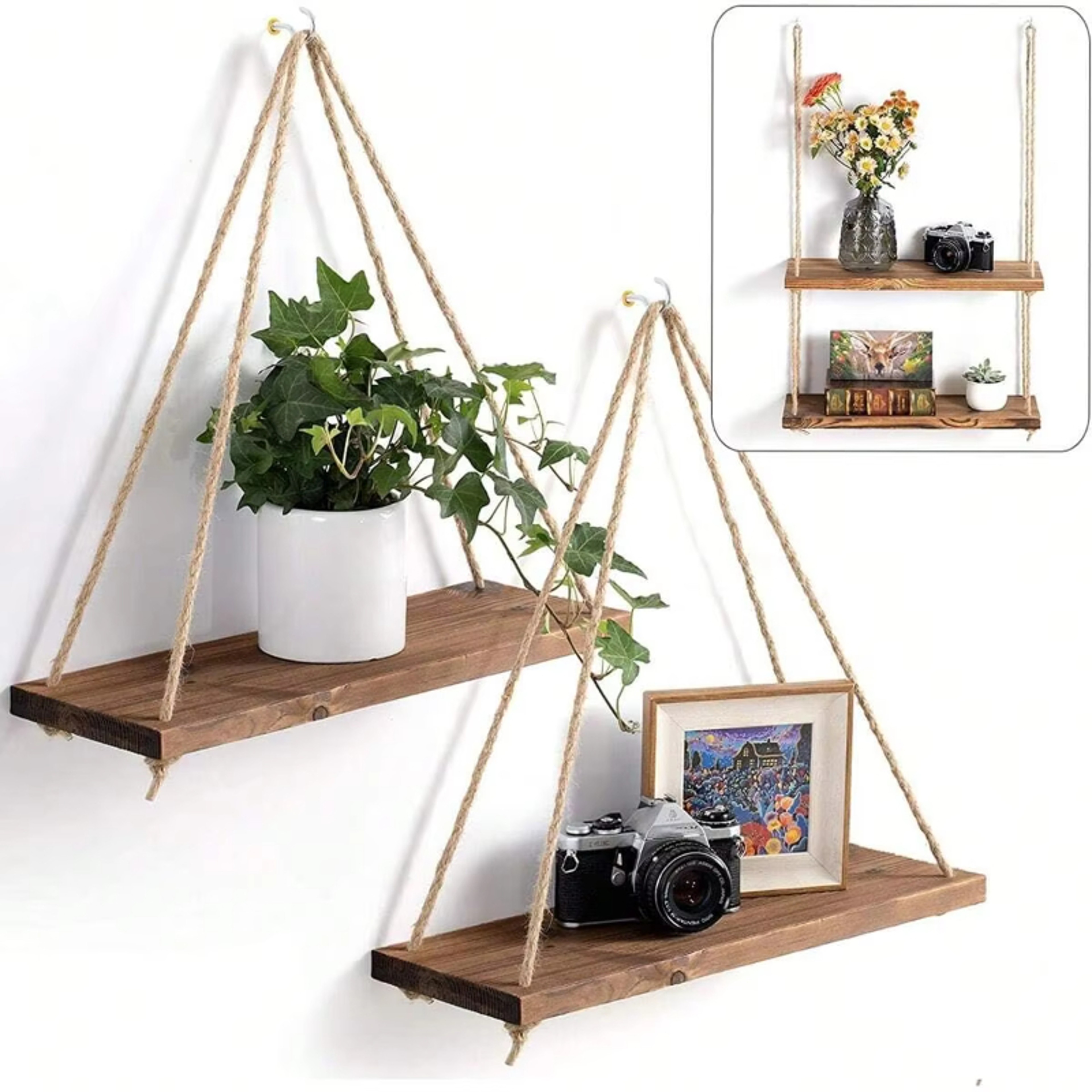 Rustic Wooden Hanging Rope Shelf For Plants And Boho Wall Decor 5