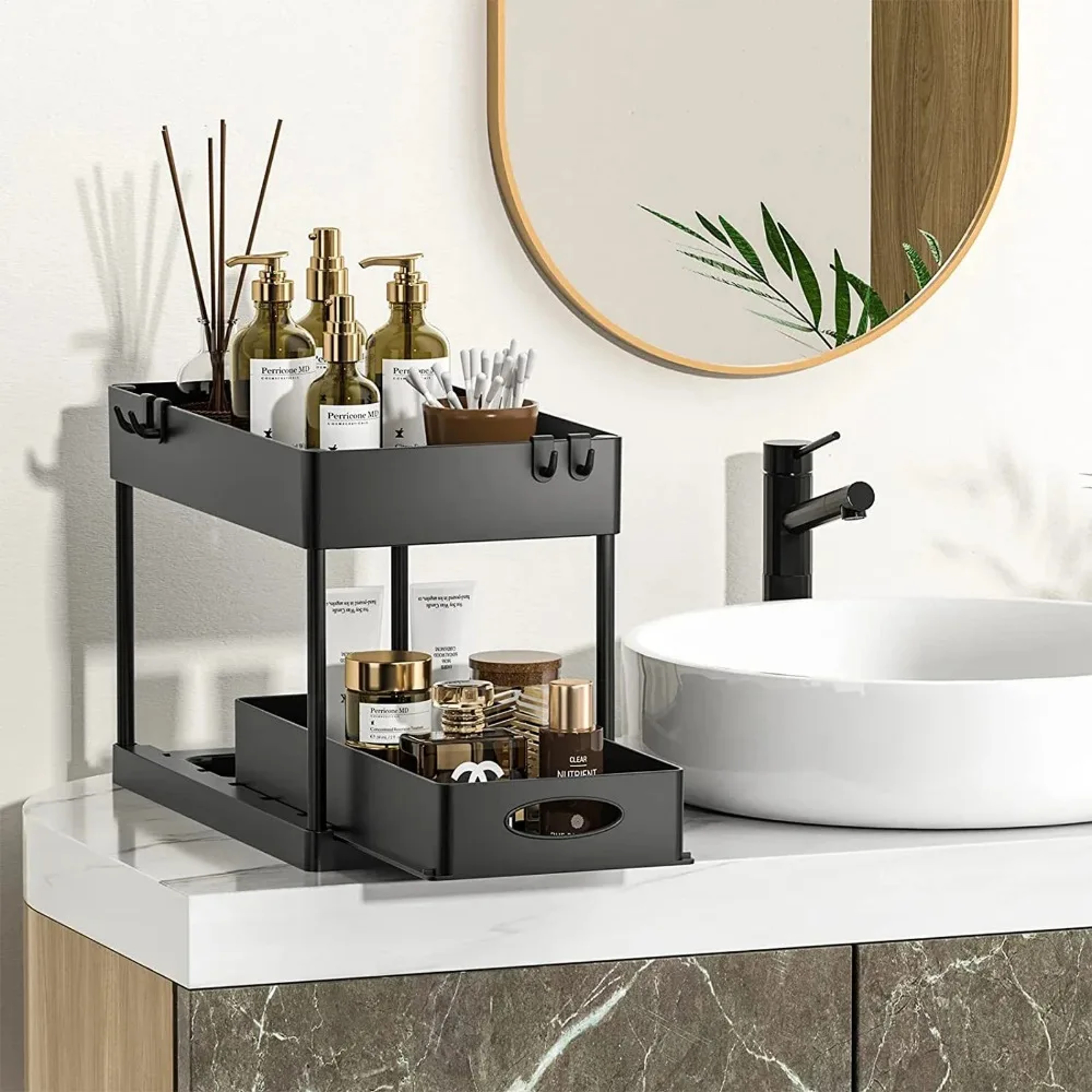 Under Sink Organizer With Sliding Basket Hooks And Cup 3