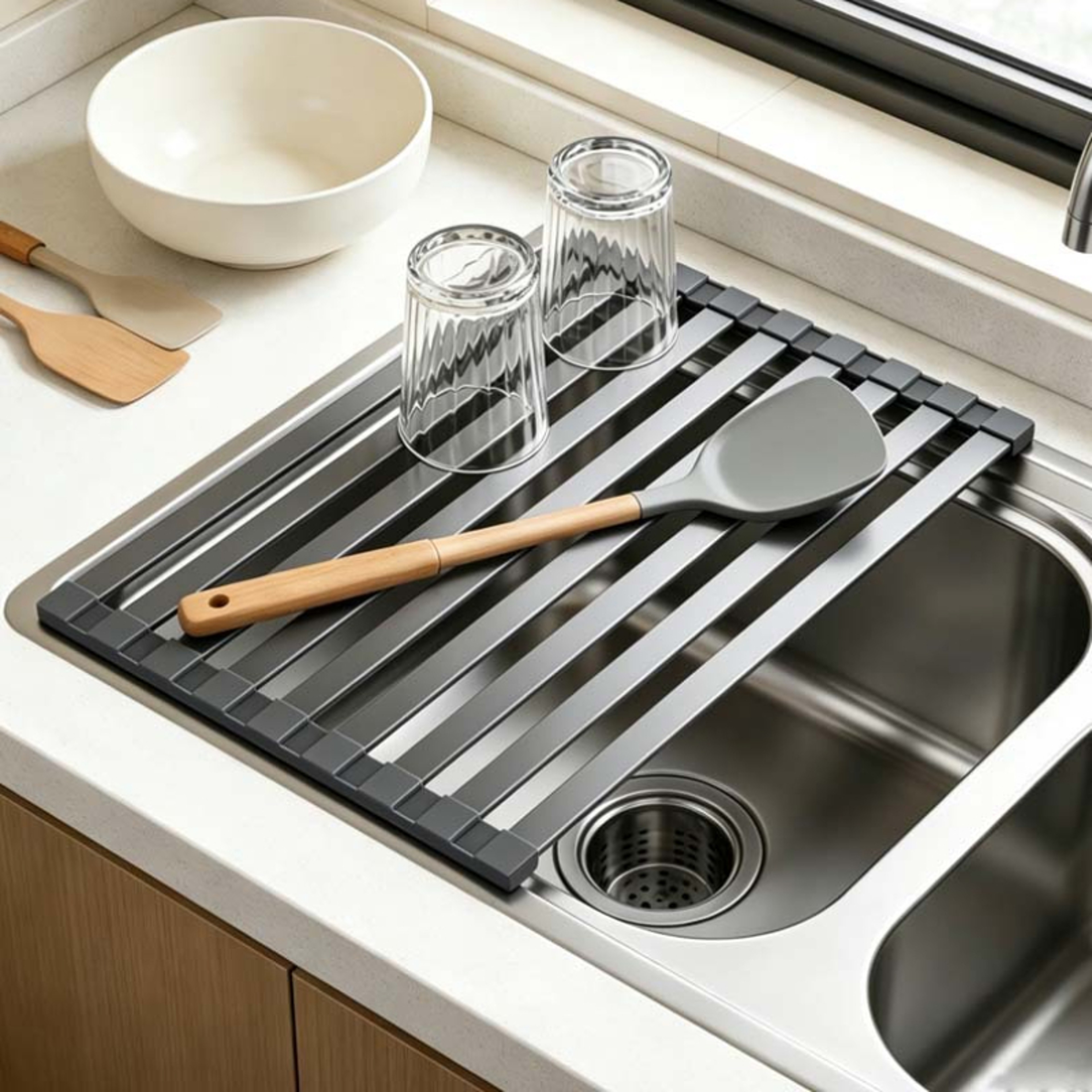 Stainless Steel Over Sink Dish Drying Rack Foldable Roll Up Dish Drainer 1