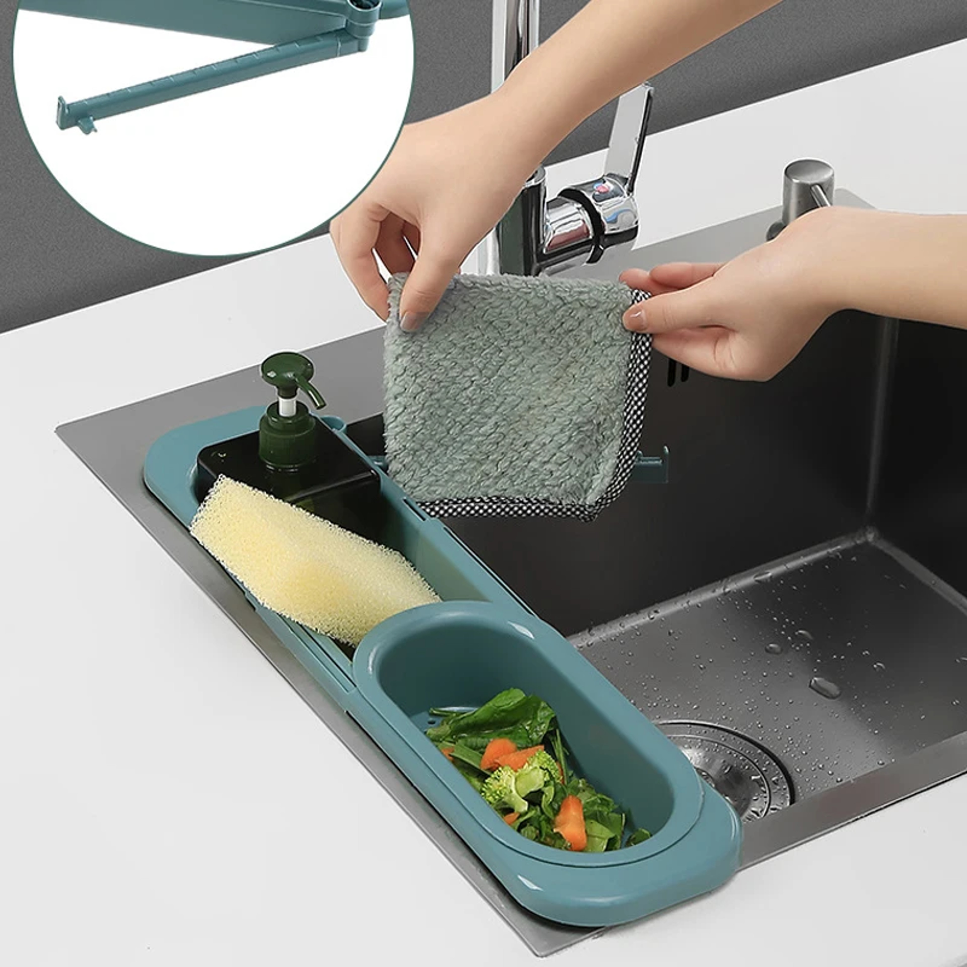 Adjustable Kitchen Sink Drain Basket Telescopic Sink Organizer With Towel Bar 1