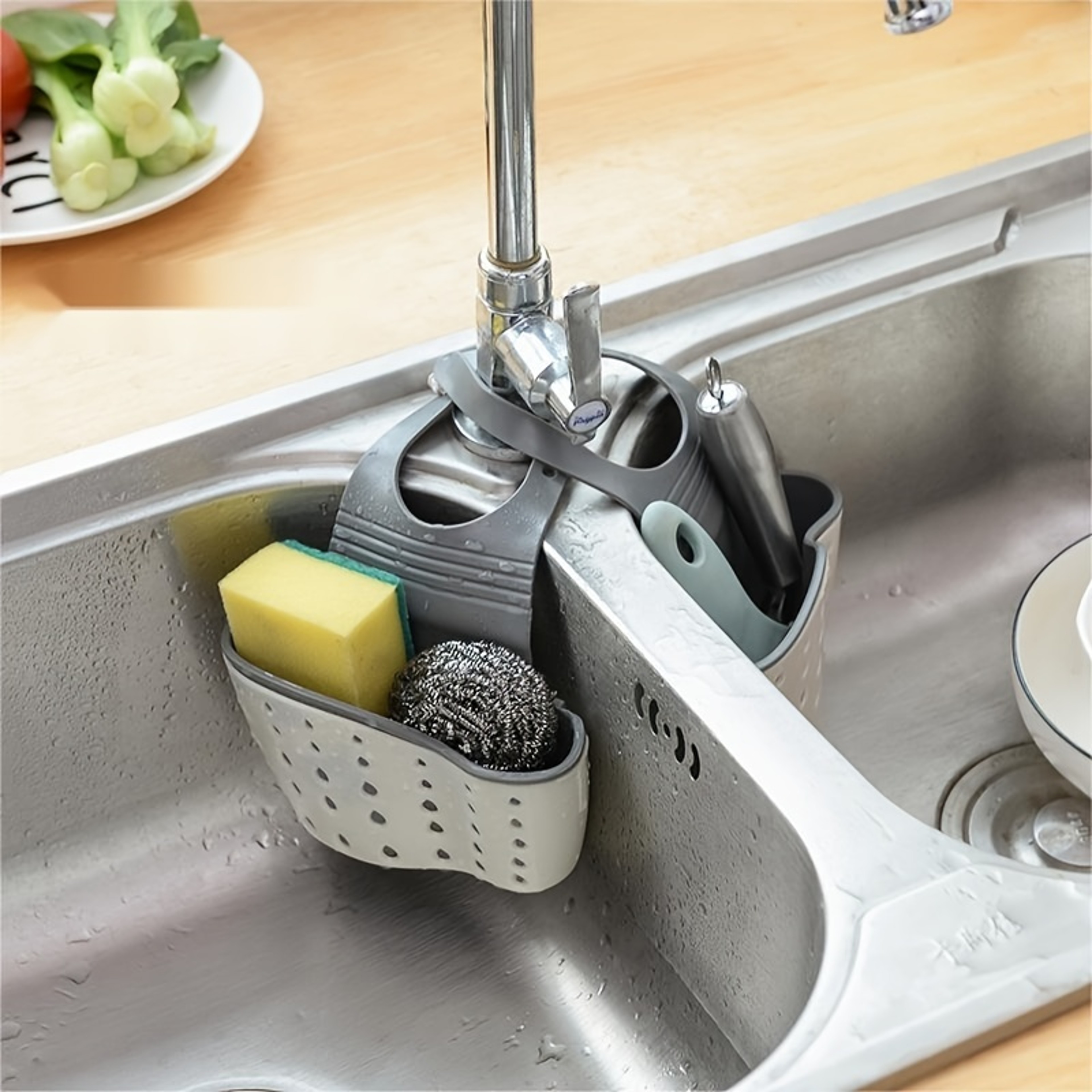 Adjustable Kitchen Sink Sponge Holder And Hanging Drain Basket Caddy 3