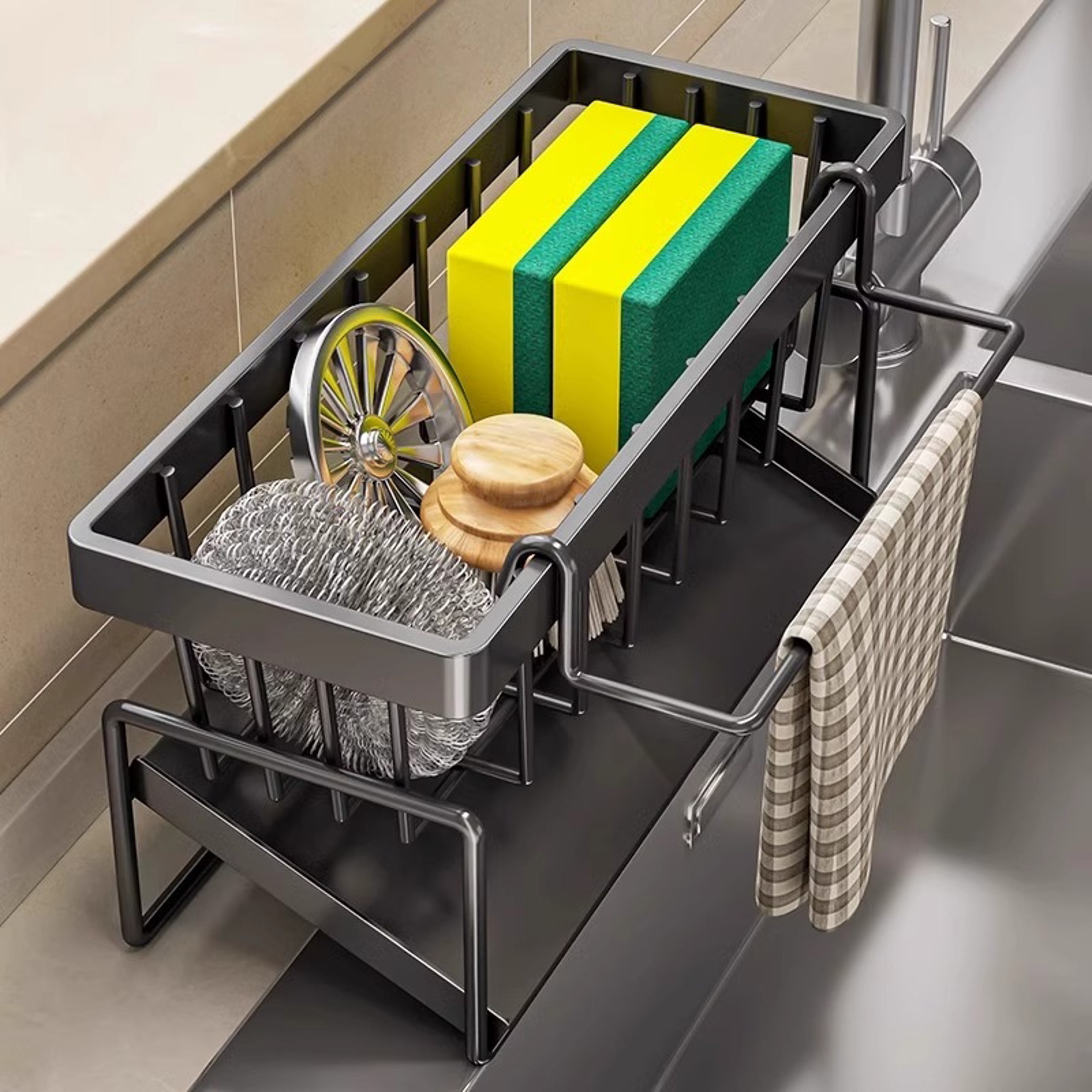 Kitchen Sink Organizer Sponge Holder With Drain Basket And Dishcloth Holder 1
