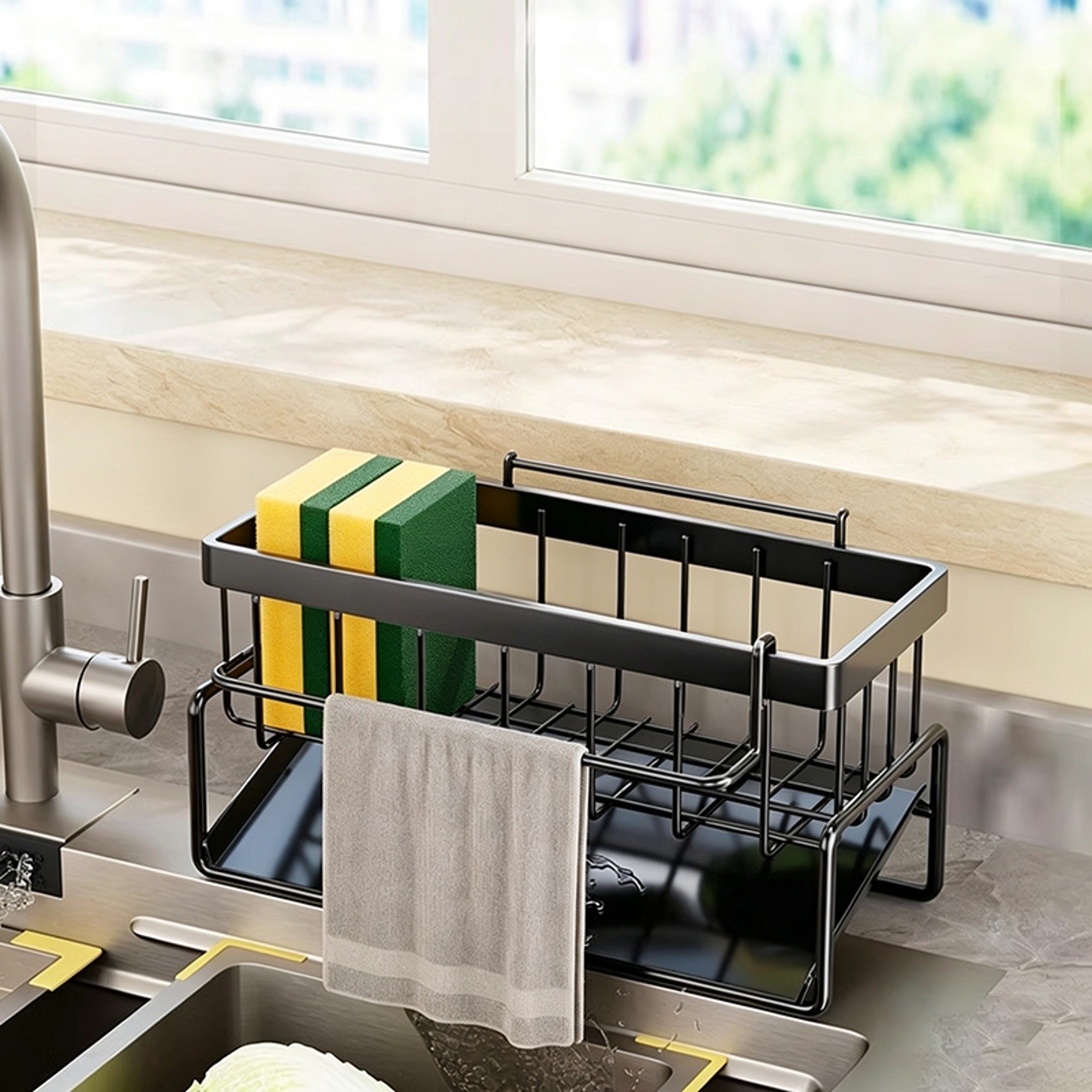 Kitchen Sink Organizer Sponge Holder With Drain Basket And Dishcloth Holder 4