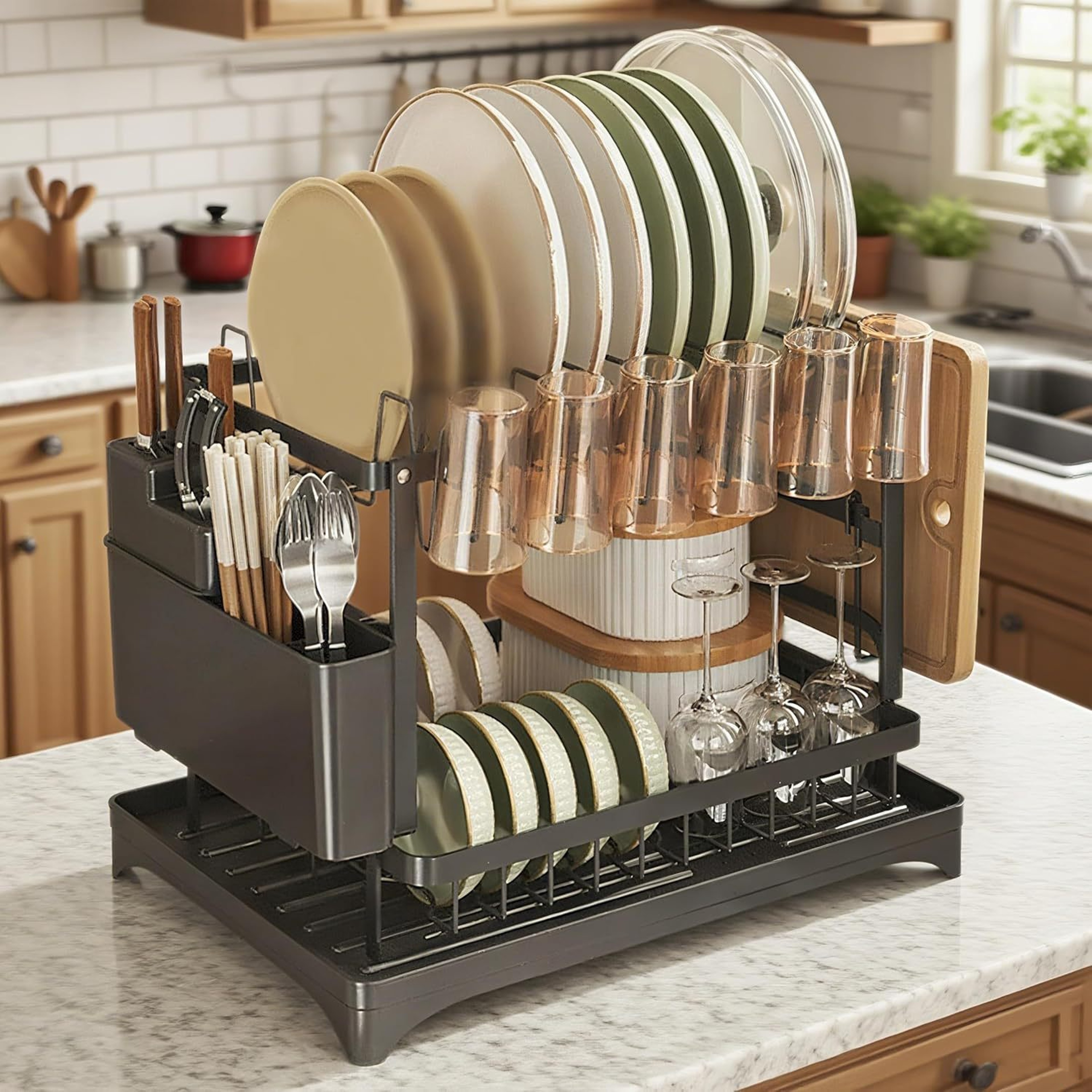 Dish Drying Rack with Utensil Holder and Drain Tray – view 3