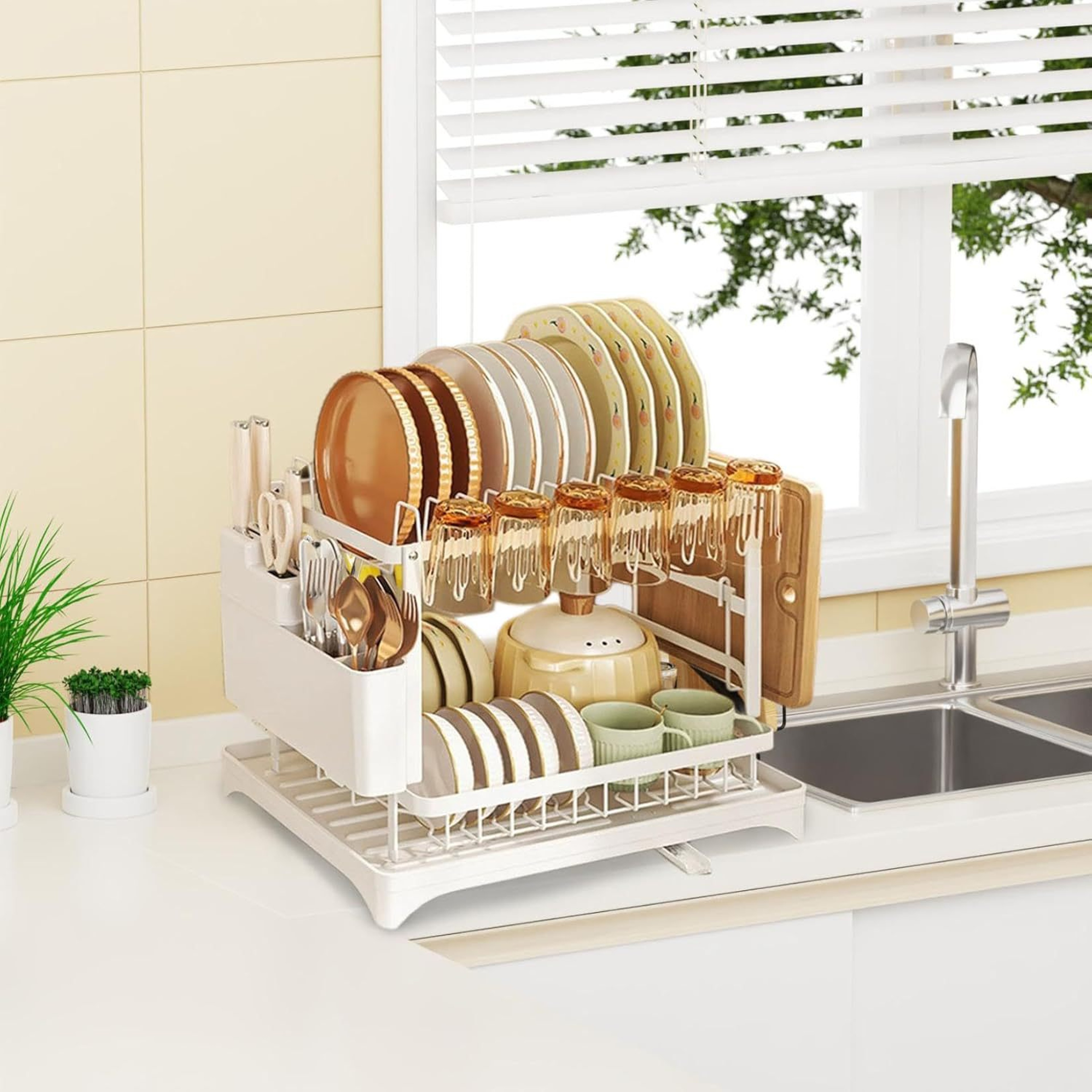 Dish Drying Rack with Utensil Holder and Drain Tray – view 4
