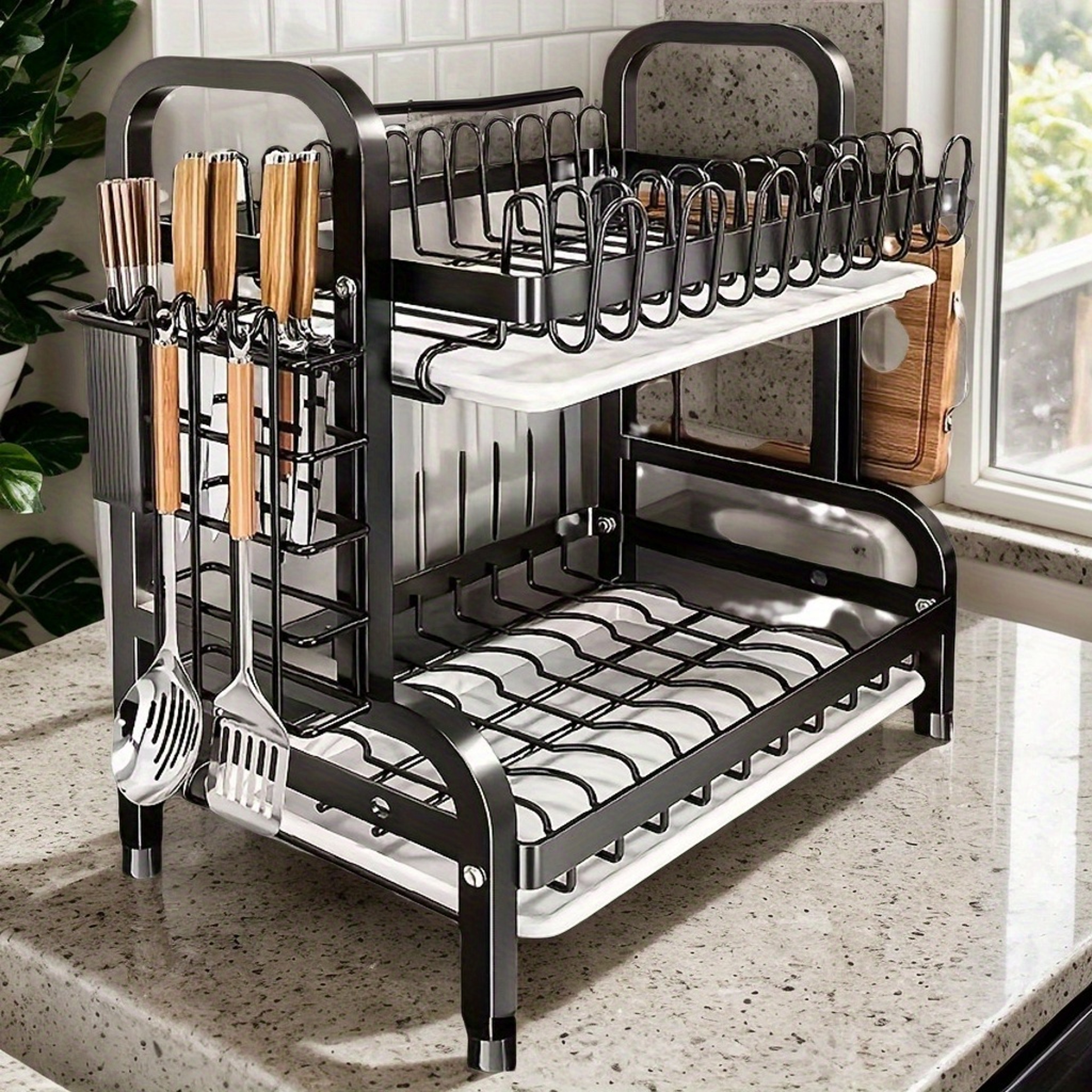 Steel Dish Drying Rack with Drainage and Utensil Storage – view 4