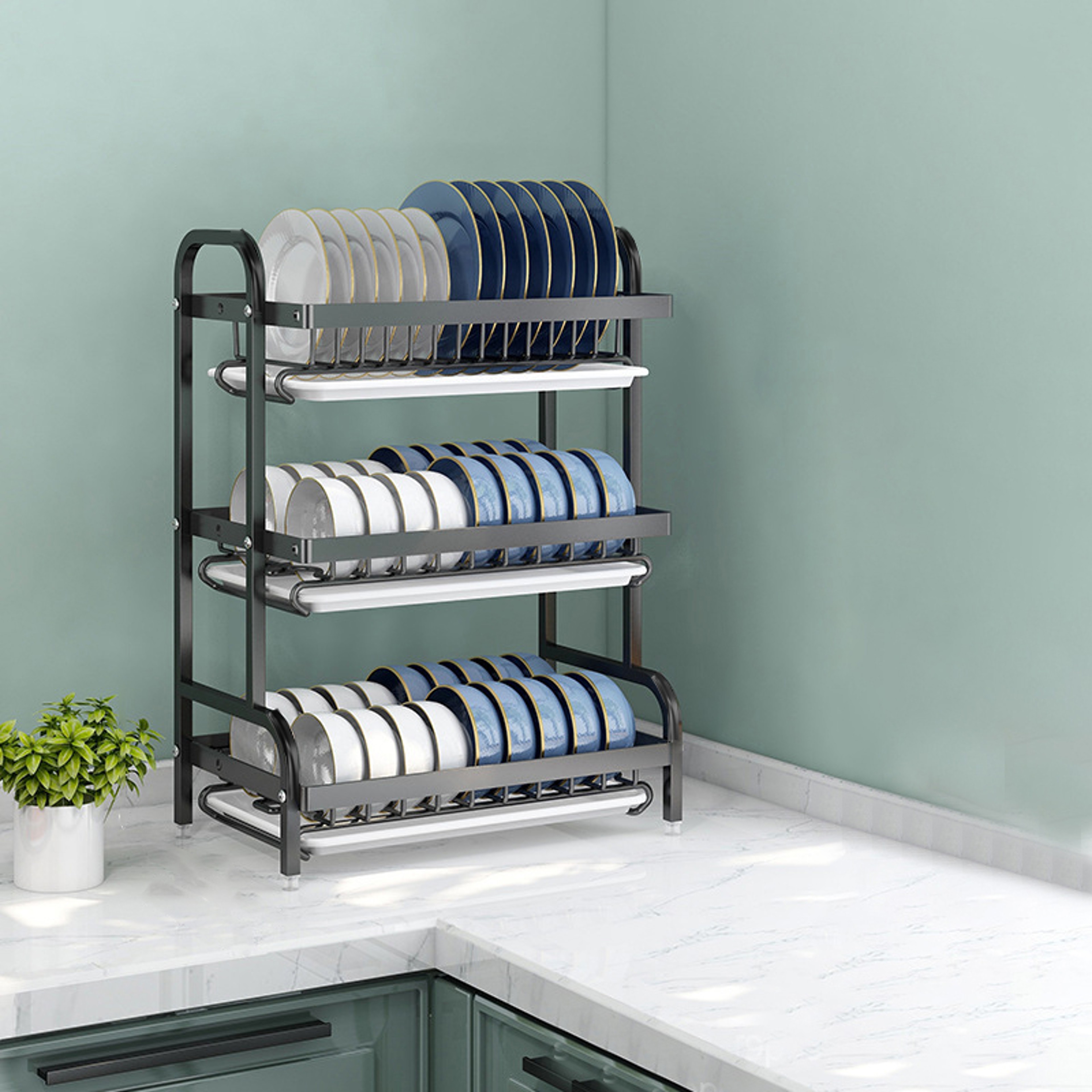 Steel Dish Drying Rack with Drainage and Utensil Storage – view 8