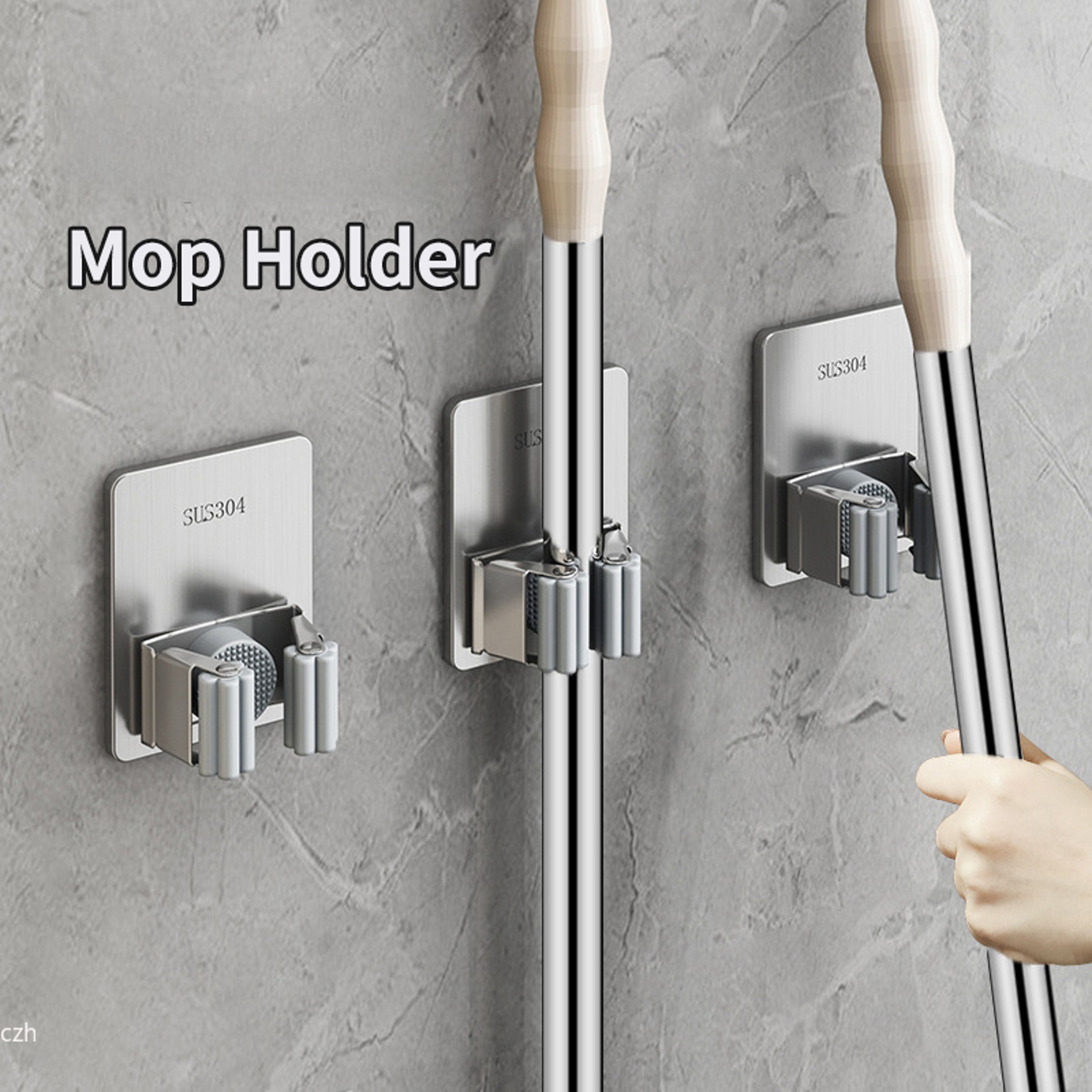 Stainless Steel Wall Mounted Mop Holder No Drill Broom Organizer 1