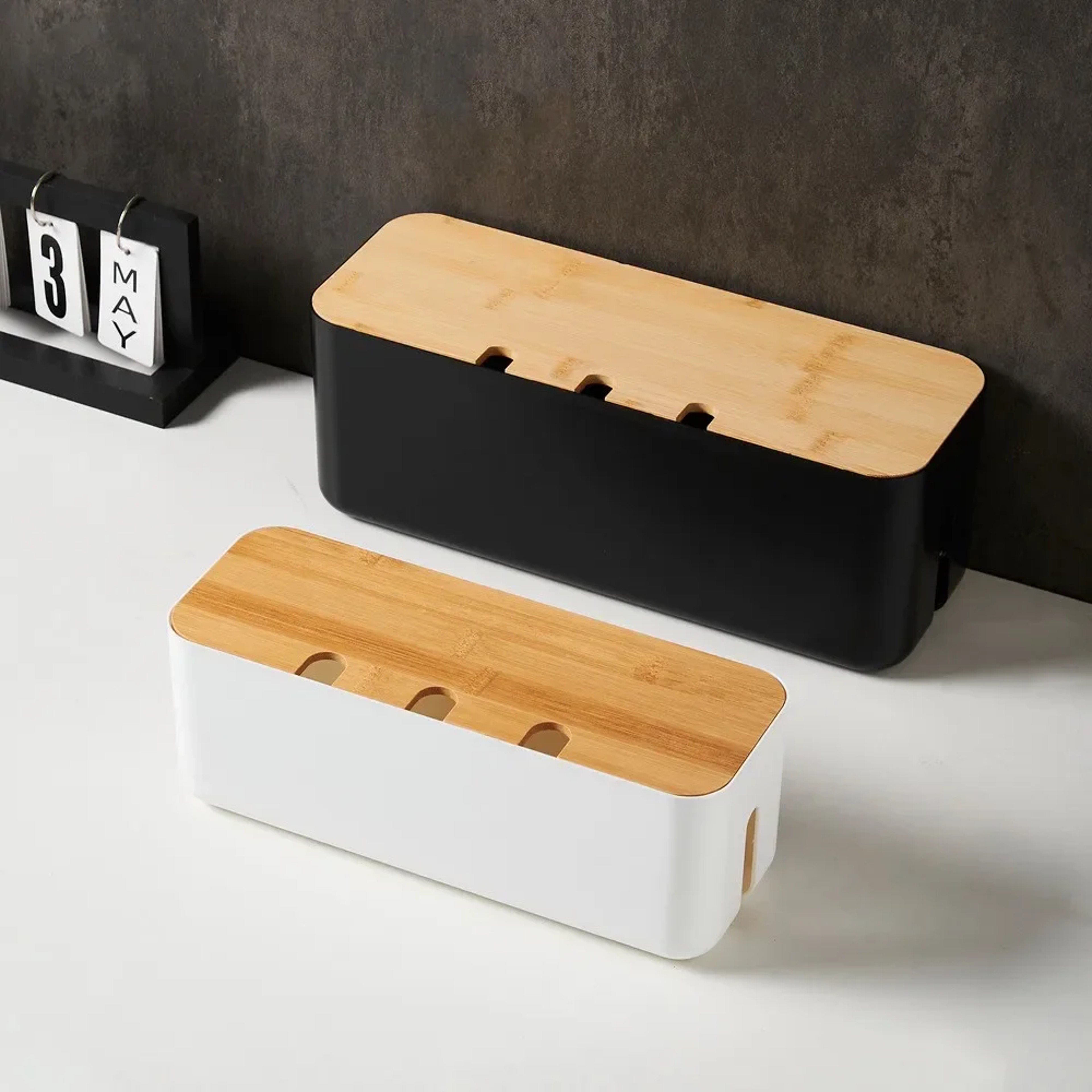 Bamboo Lid Cable Management Box Power Strip Organizer and Desk Cord Hider – view 1