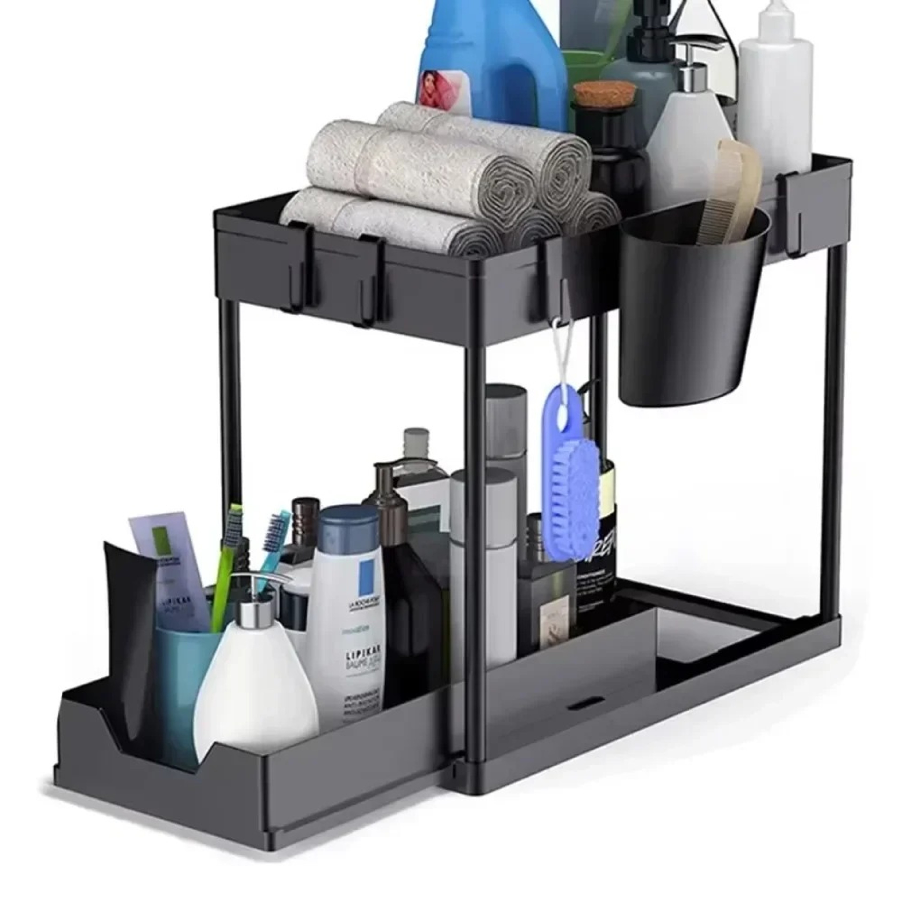 Under Sink Organizer Pull Out Cabinet Storage With Sliding Baskets And Hooks 5