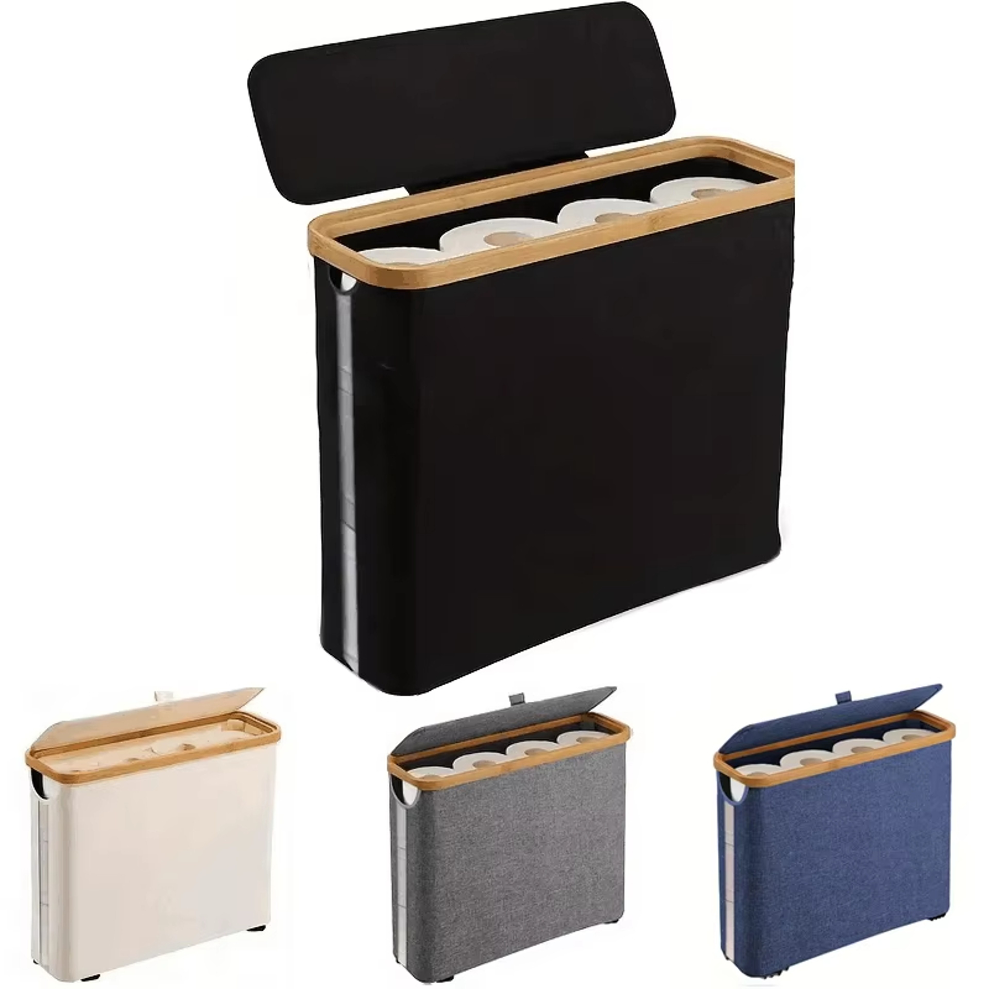 Roll Toilet Paper Storage Basket with Bamboo Lid Bathroom Organizer – view 2