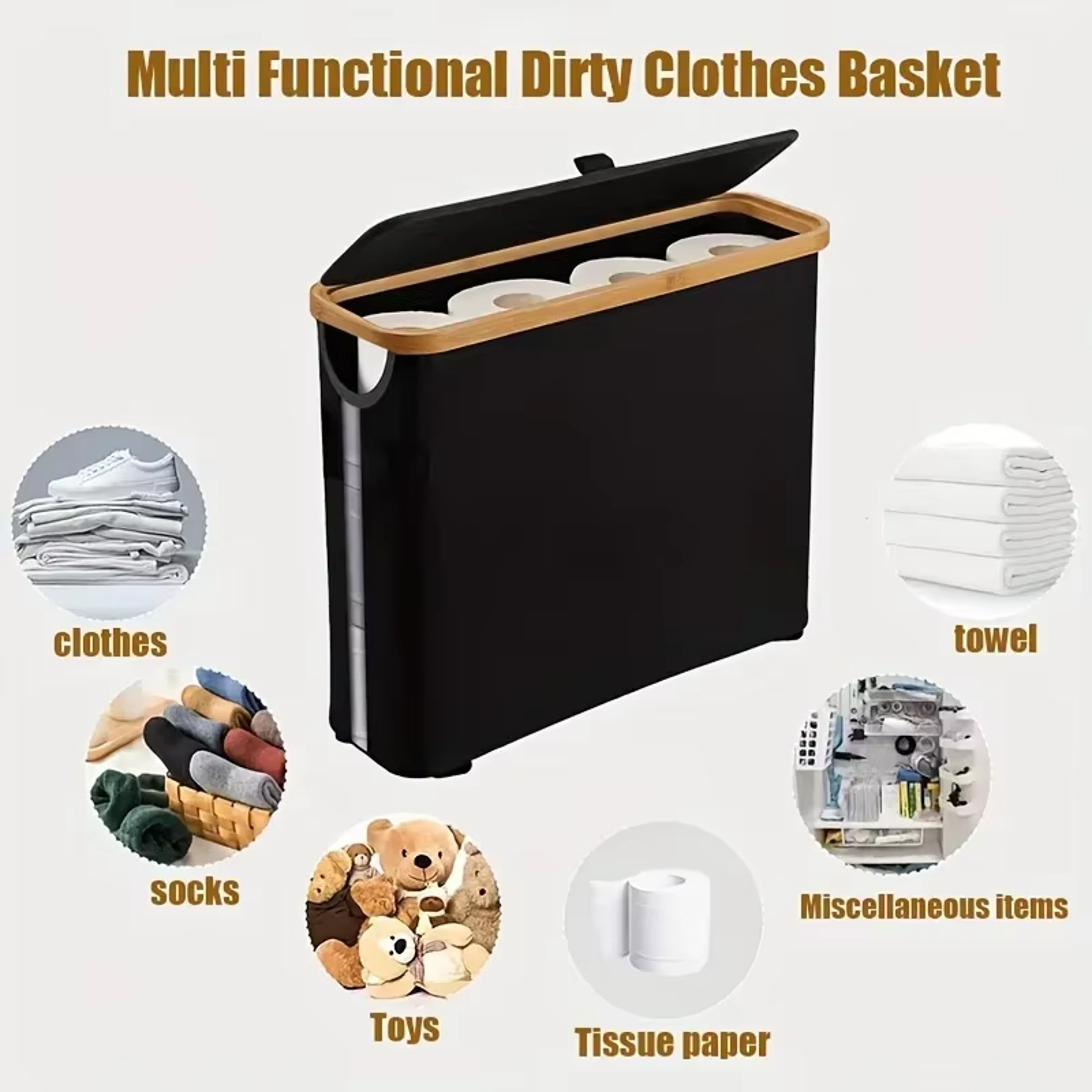 Roll Toilet Paper Storage Basket with Bamboo Lid Bathroom Organizer – view 3