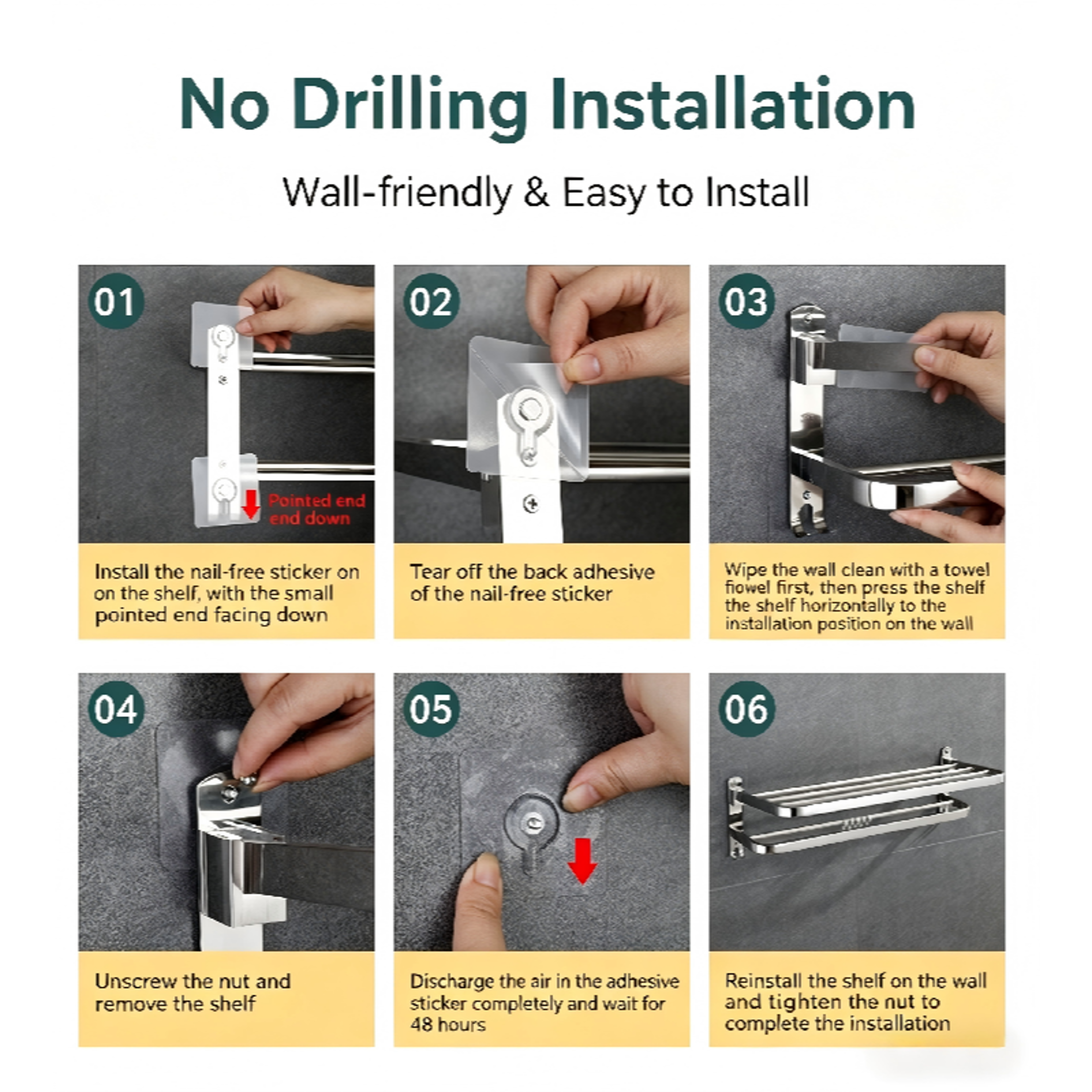 Stainless Steel Adhesive Towel Bar No Drill Bathroom Towel Rack 5
