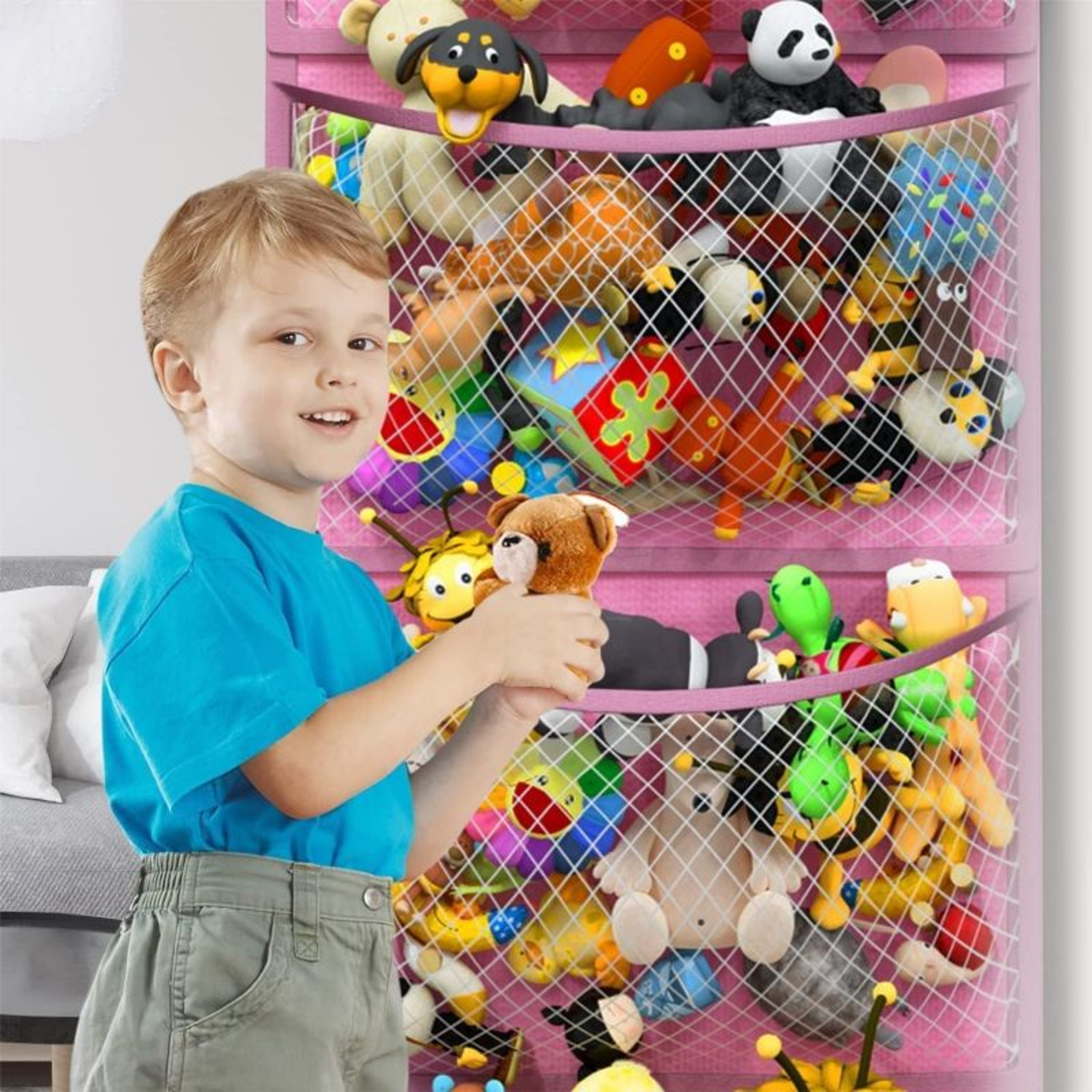 Stuffed Animal Storage Organizer Hanging Mesh Bag With 4 Metal Hooks 4 Large Pockets Baby Plush Toy 0