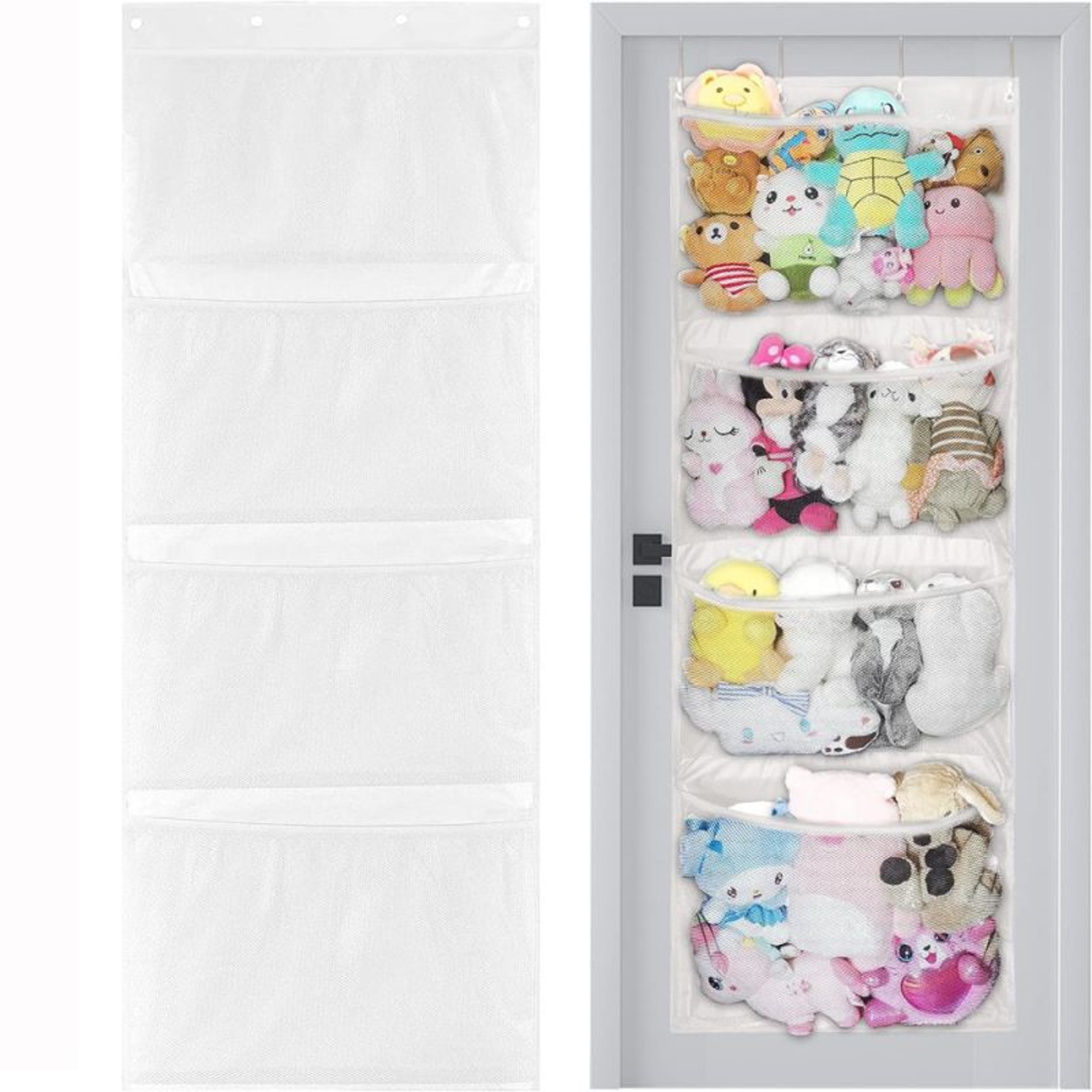 Stuffed Animal Storage Organizer Hanging Mesh Bag With 4 Metal Hooks 4 Large Pockets Baby Plush Toy 7