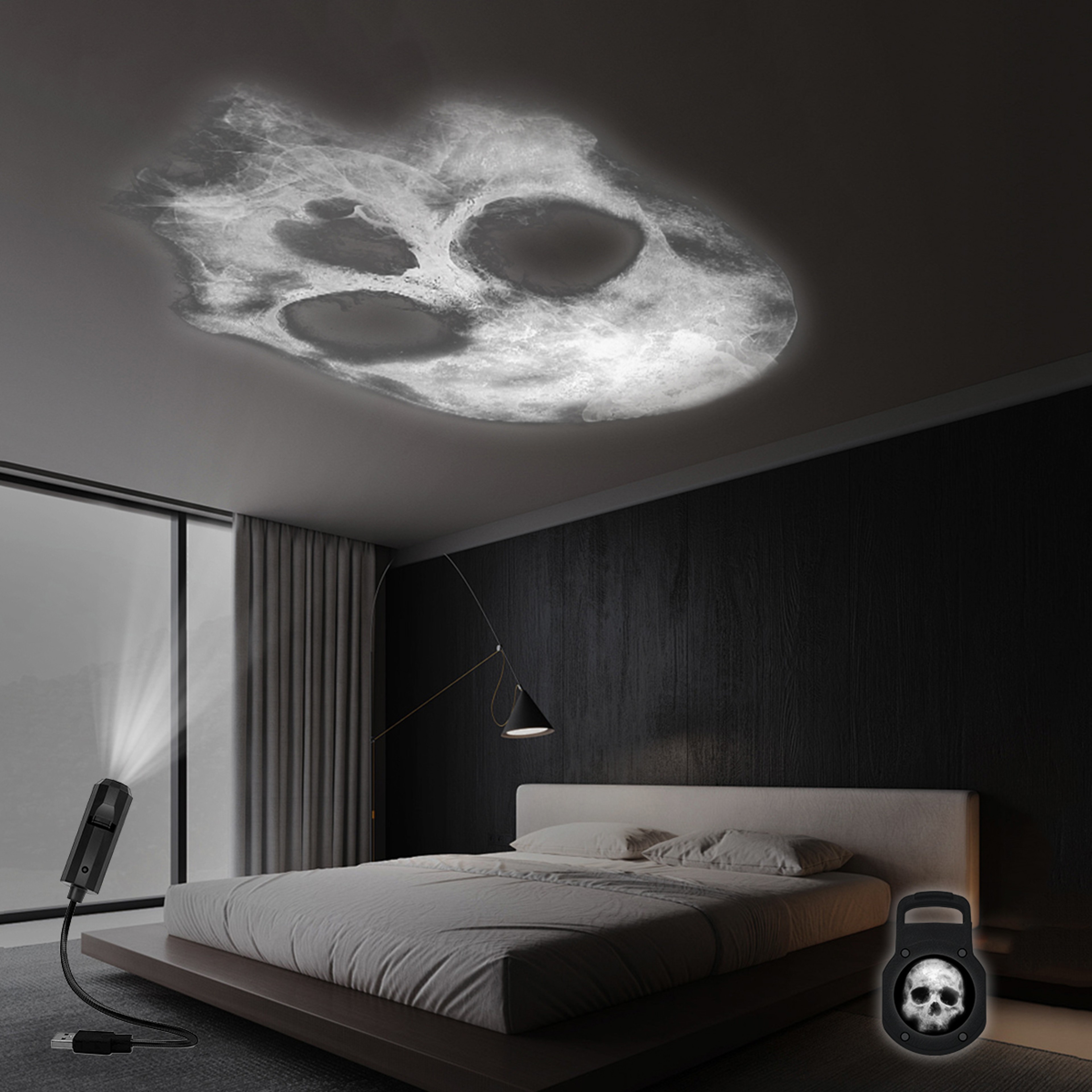 3D Skull Projection Lamp USB Powered LED Night Light With Holographic Effect For Halloween Room Dec 0